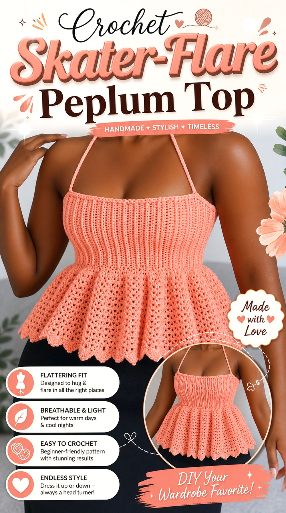 Crochet Skater Flare Peplum Top