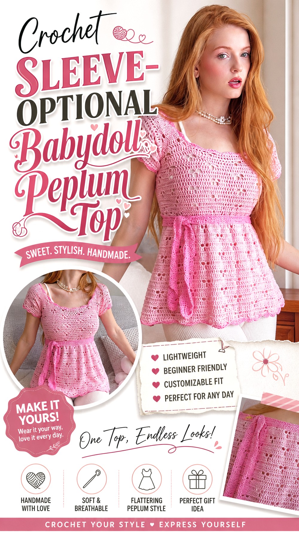 Crochet Sleeve Optional Babydoll Peplum Top