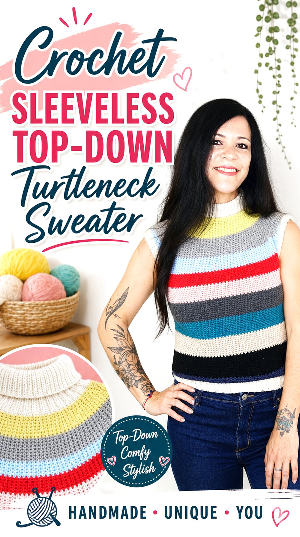 Crochet Sleeveless Top Down Turtleneck Sweater
