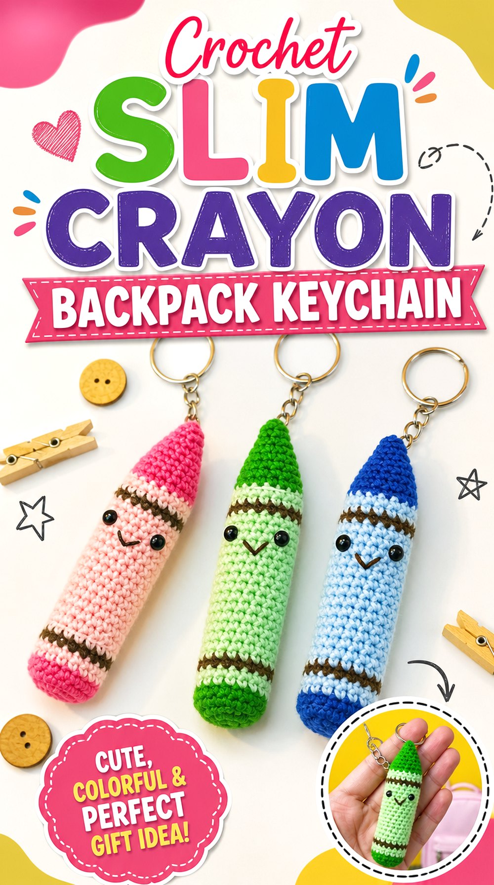 Crochet Slim Crayon Backpack Keychain