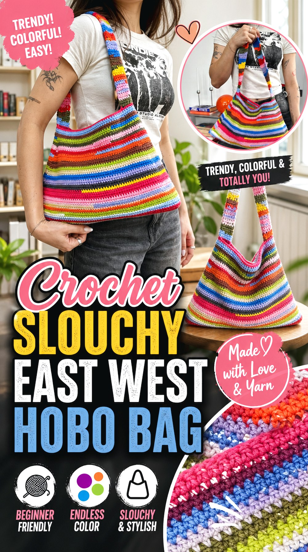 Crochet Slouchy East West Hobo Bag