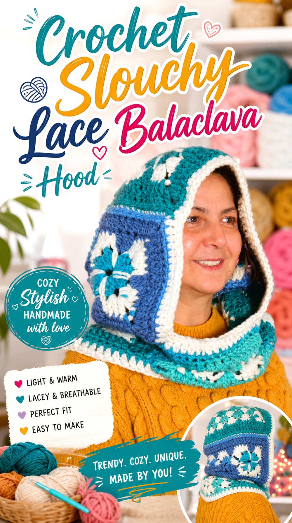 Crochet Slouchy Lace Balaclava Hood
