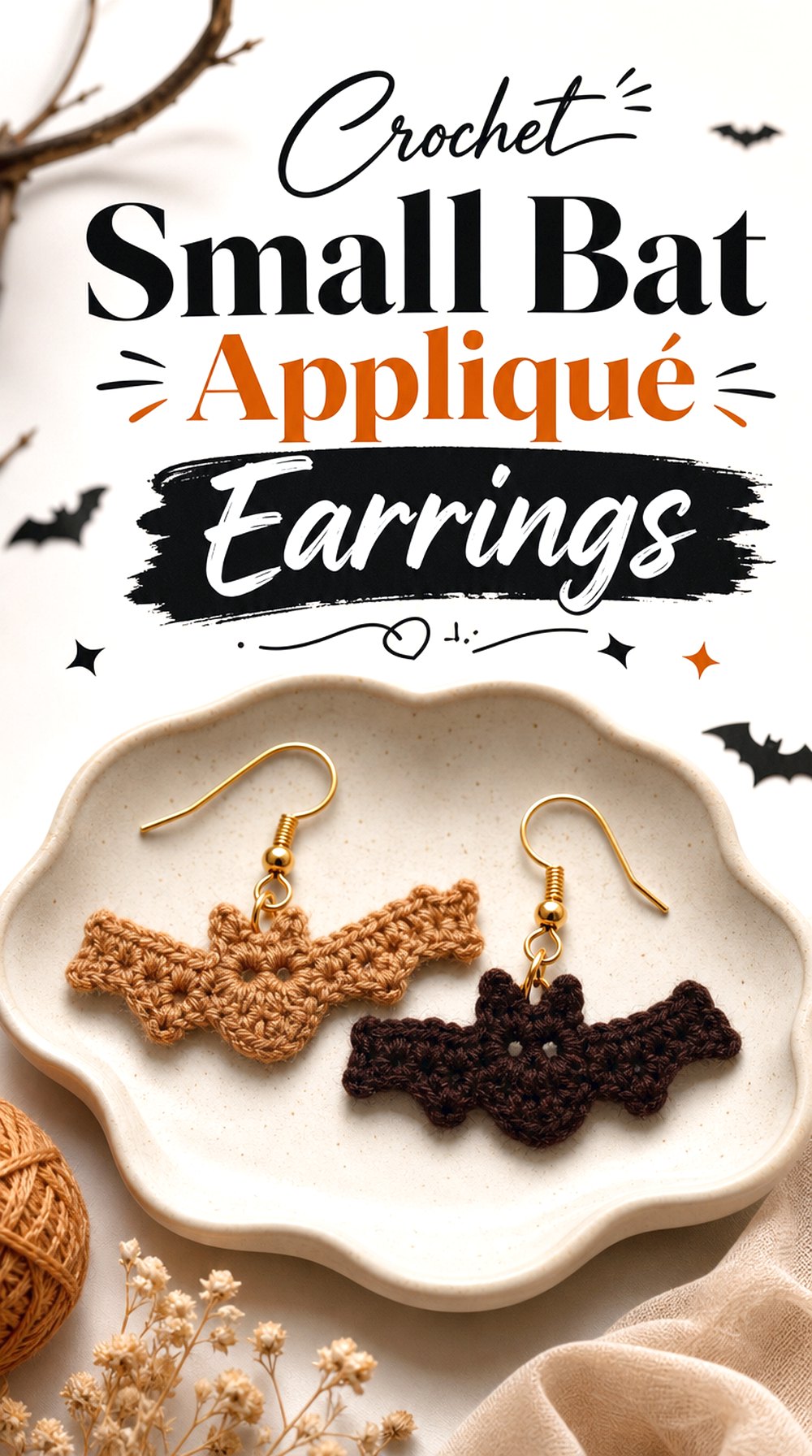 Crochet Small Bat Appliqué Earrings