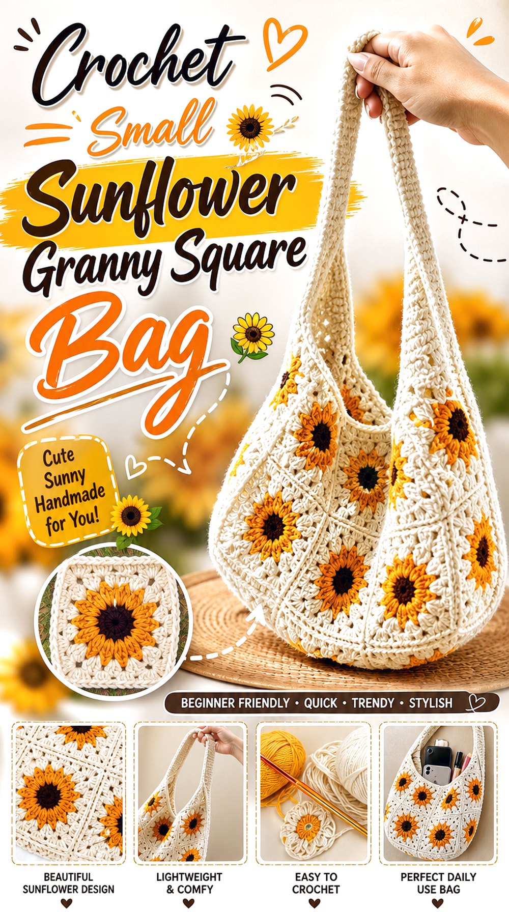 Crochet Small Sunflower Granny Square Bag