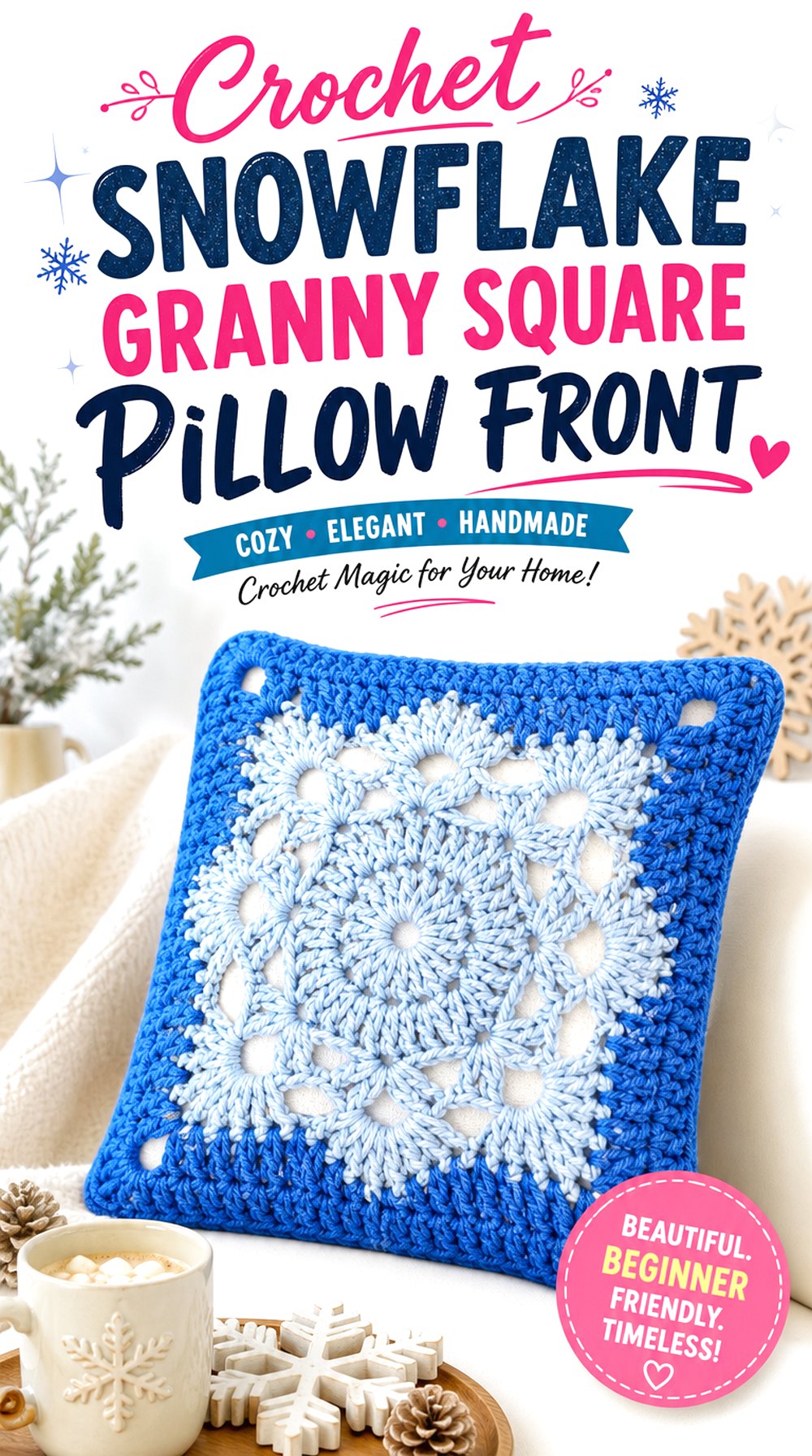 Crochet Snowflake Granny Square Pillow Front