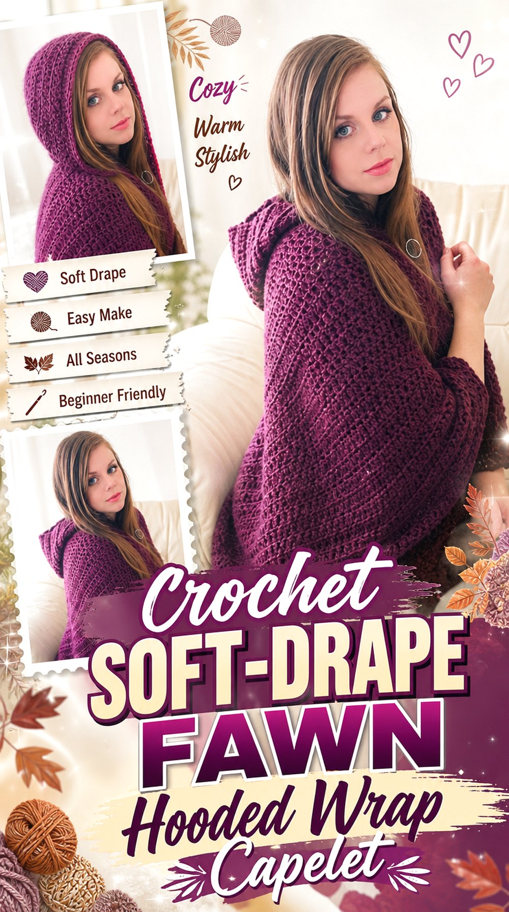 Crochet Soft Drape Fawn Hooded Wrap Capelet
