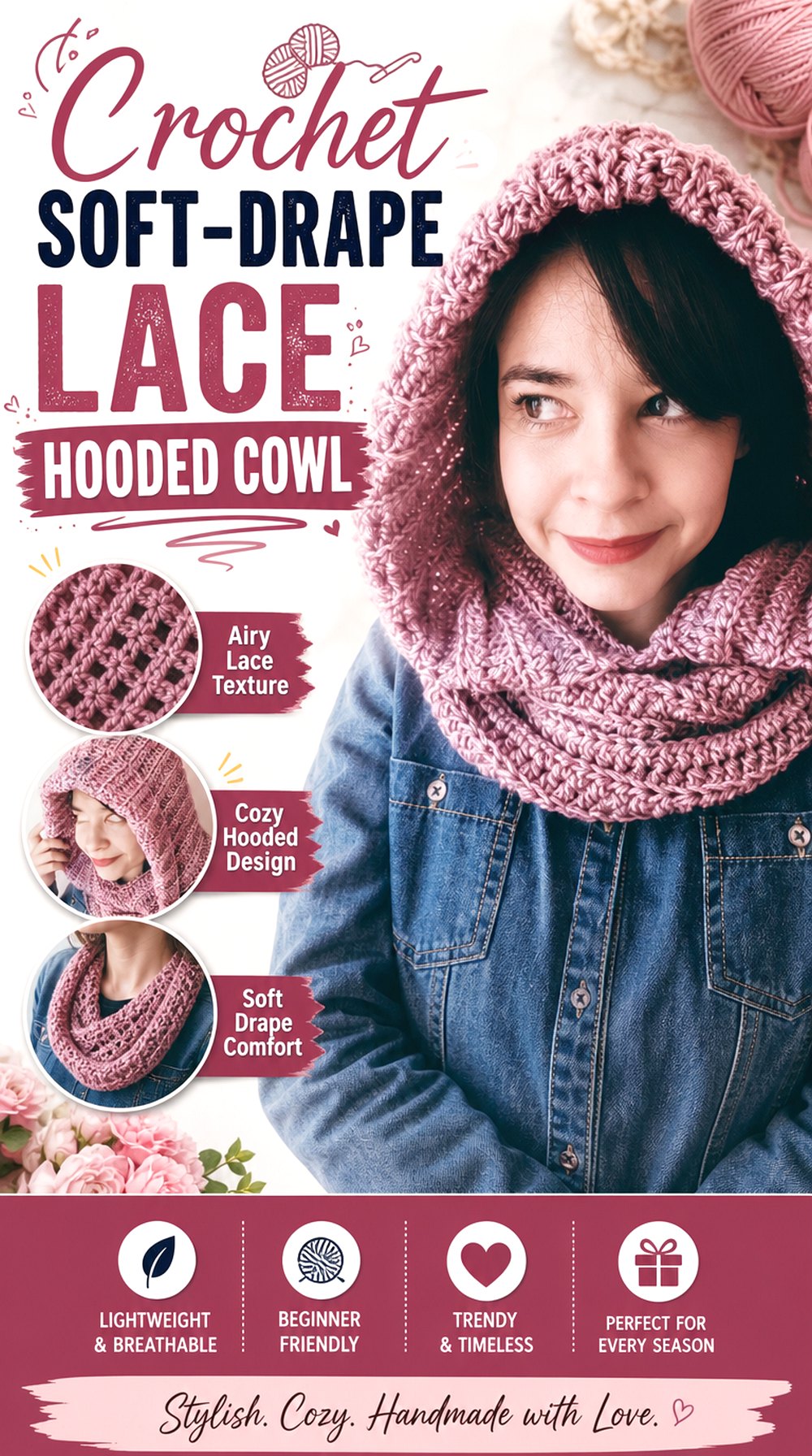 Crochet Soft Drape Lace Hooded Cowl
