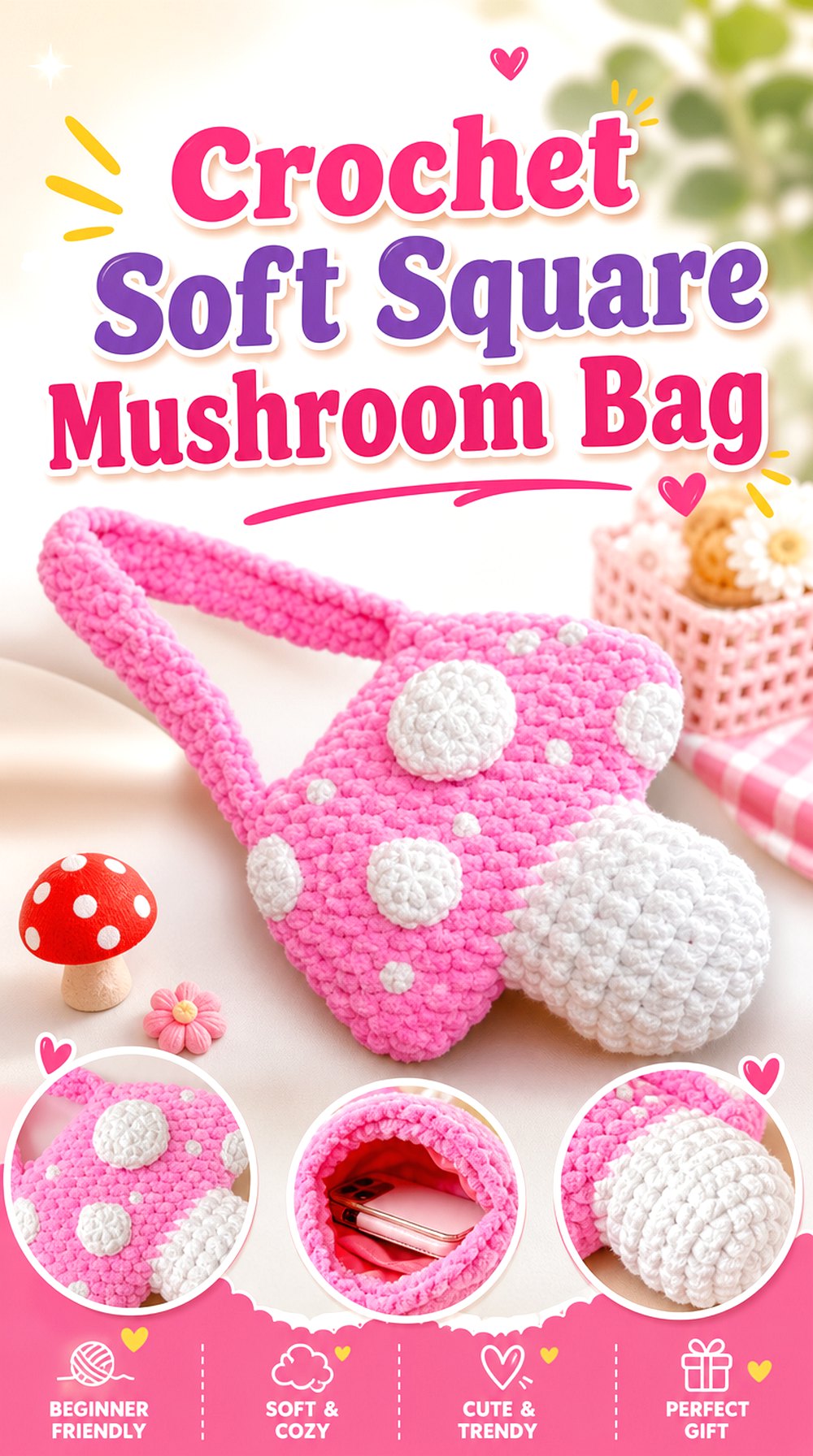 Crochet Soft Square Mushroom Bag