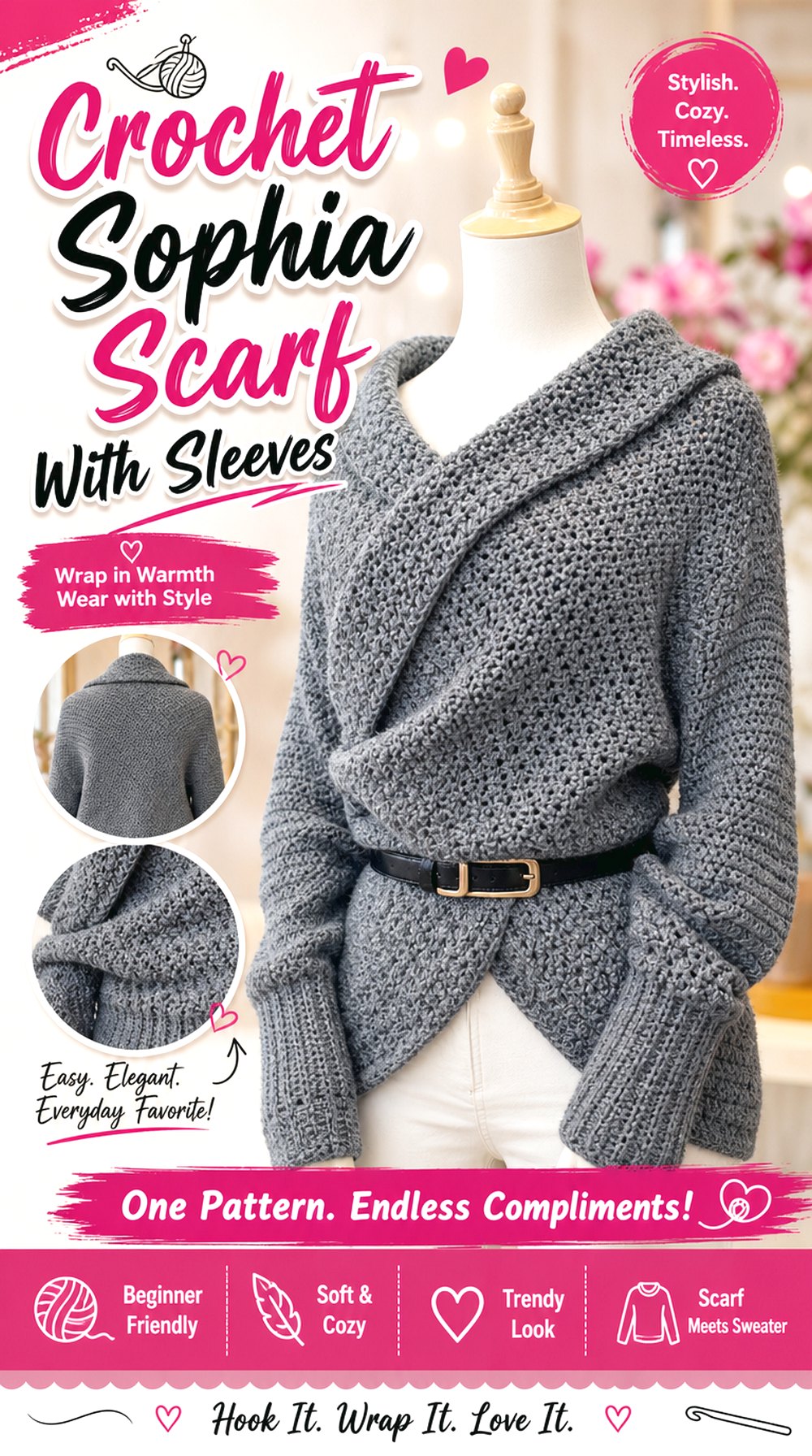 Crochet Sophia Scarf With Sleeves