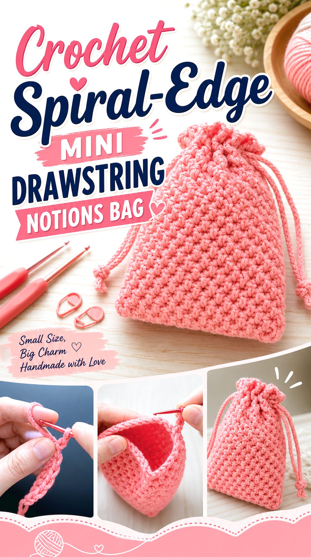 Crochet Spiral Edge Mini Drawstring Notions Bag