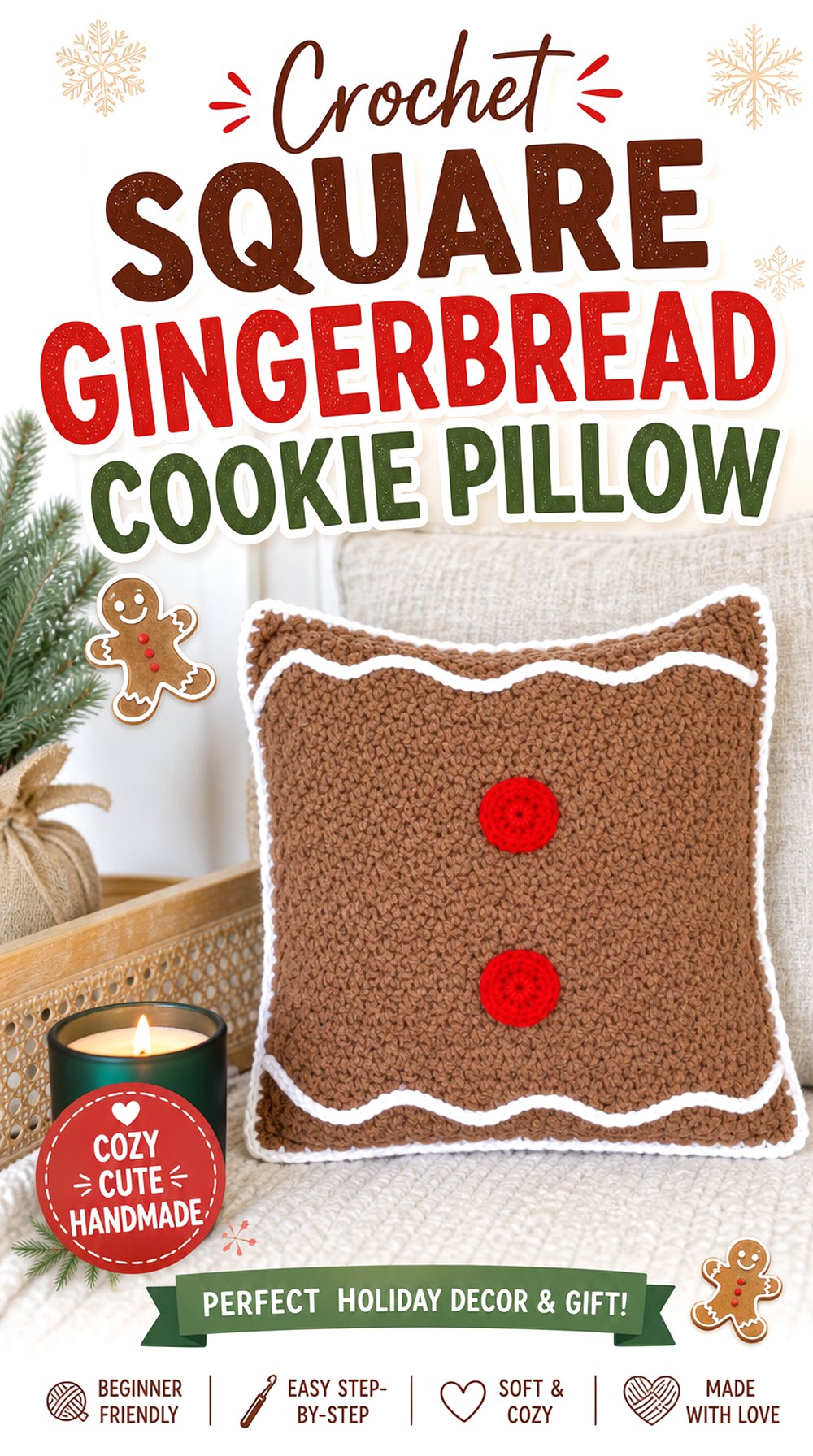 Crochet Square Gingerbread Cookie Pillow