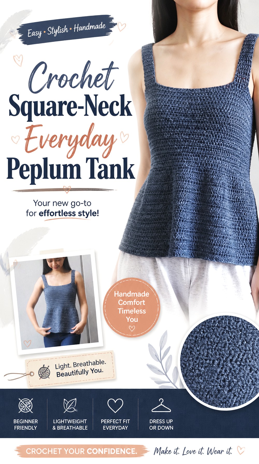 Crochet Square Neck Everyday Peplum Tank