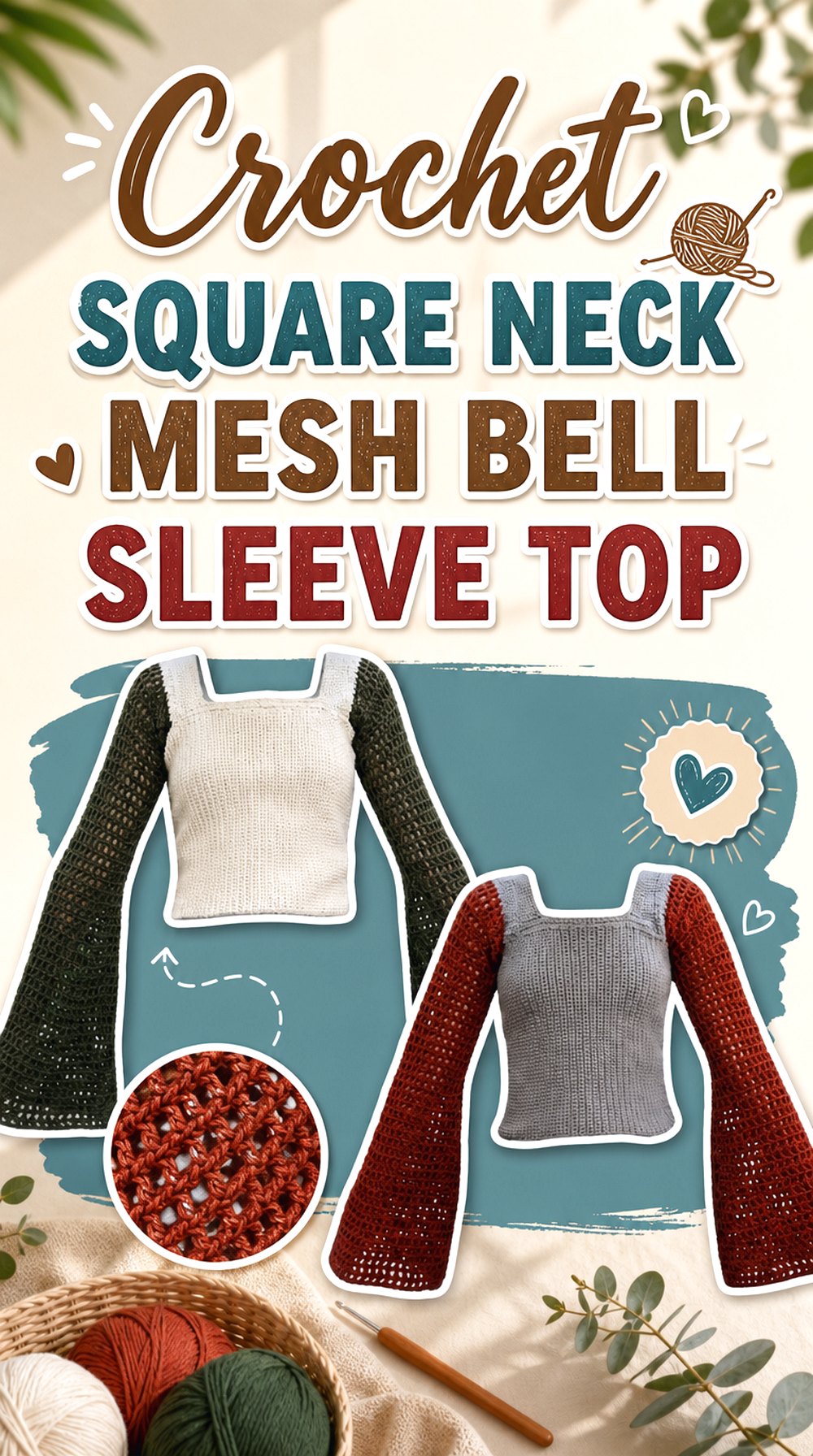 Crochet Square Neck Mesh Bell Sleeve Top