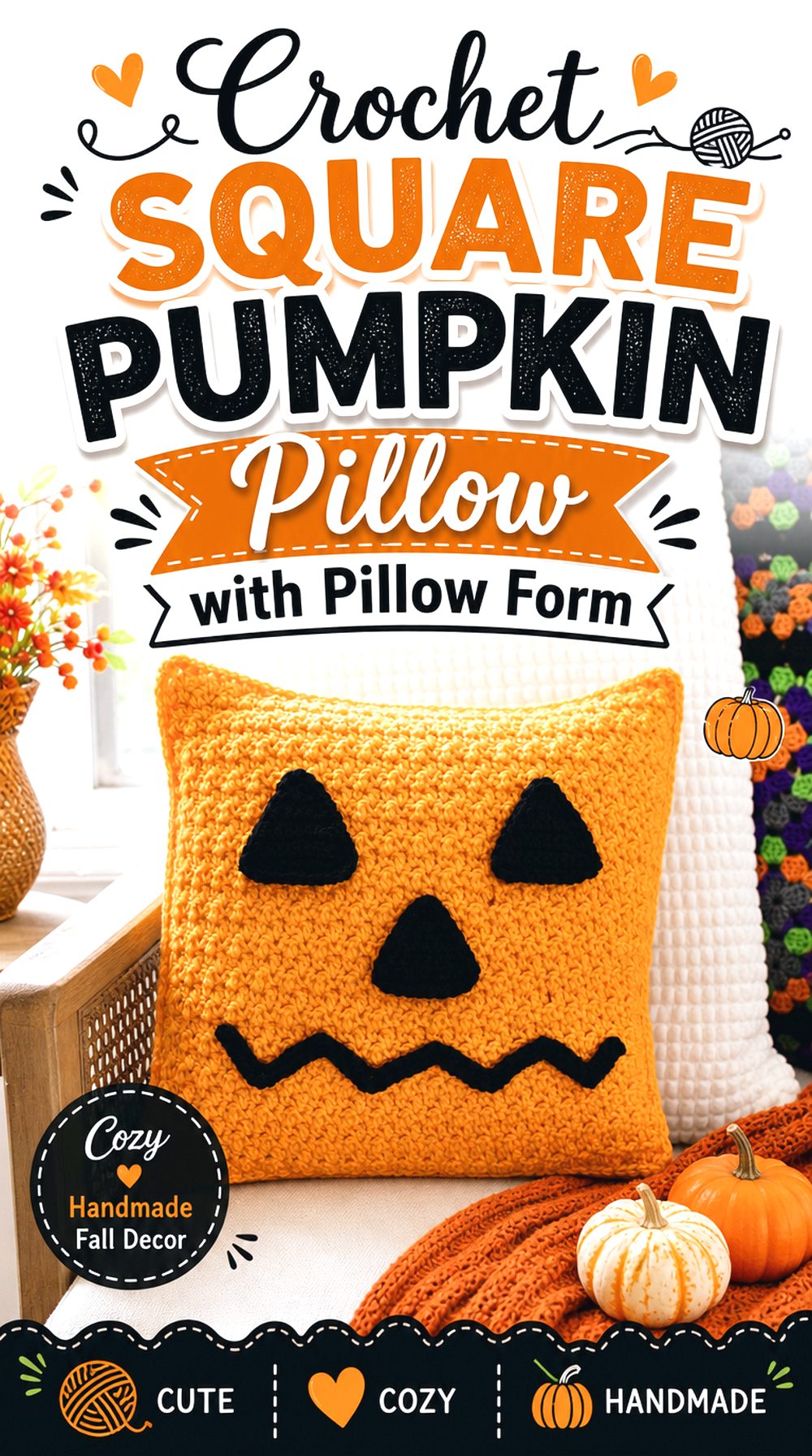 Crochet Square Pumpkin Pillow with Pillow Form