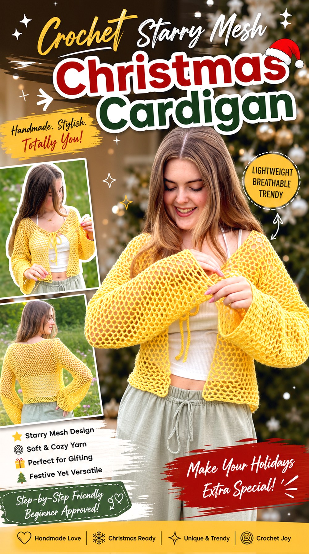 Crochet Starry Mesh Christmas Cardigan