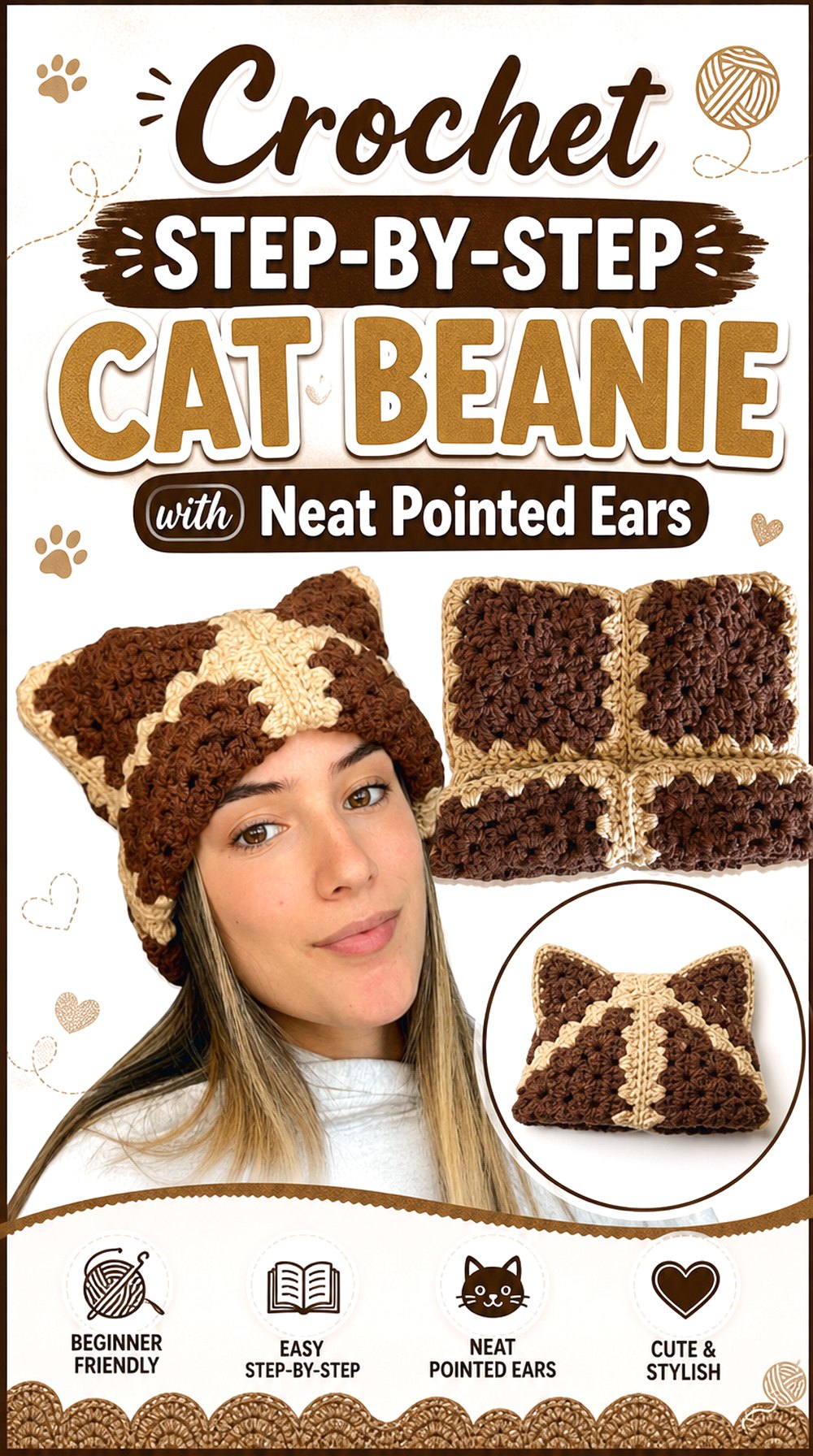 Crochet Step by Step Cat Beanie with Neat Pointed Ears