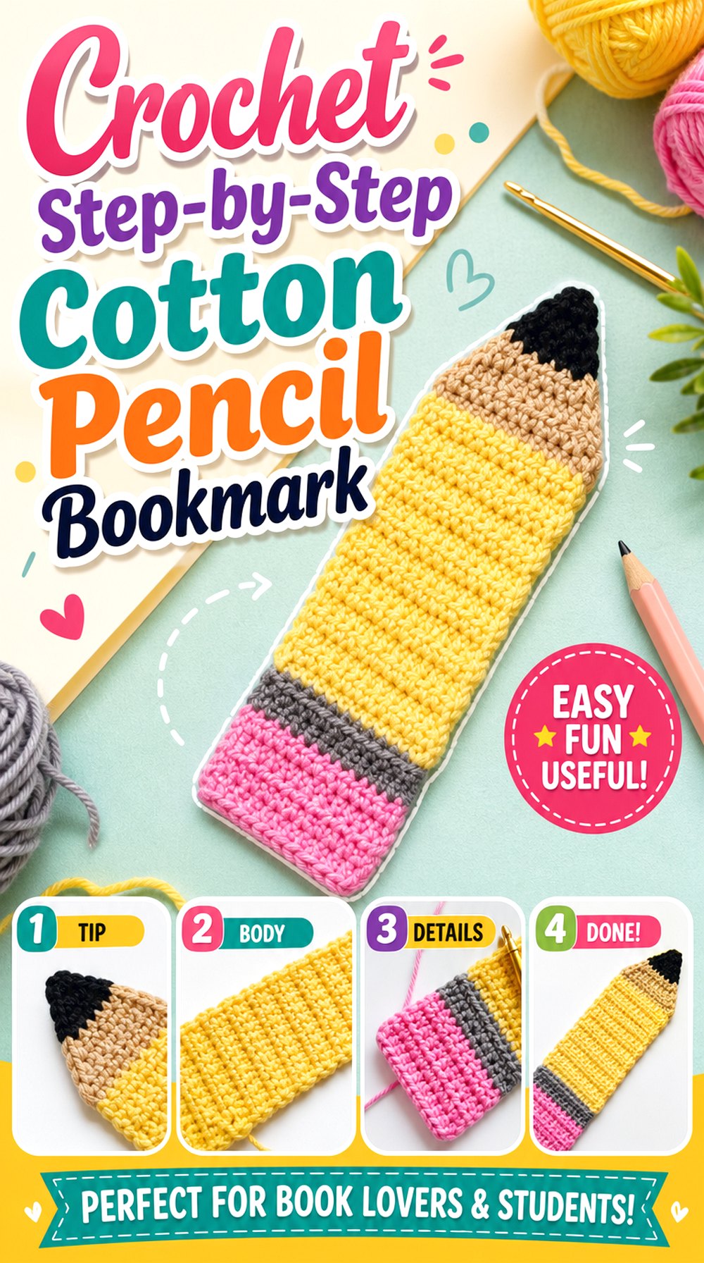 Crochet Step by Step Cotton Pencil Bookmark