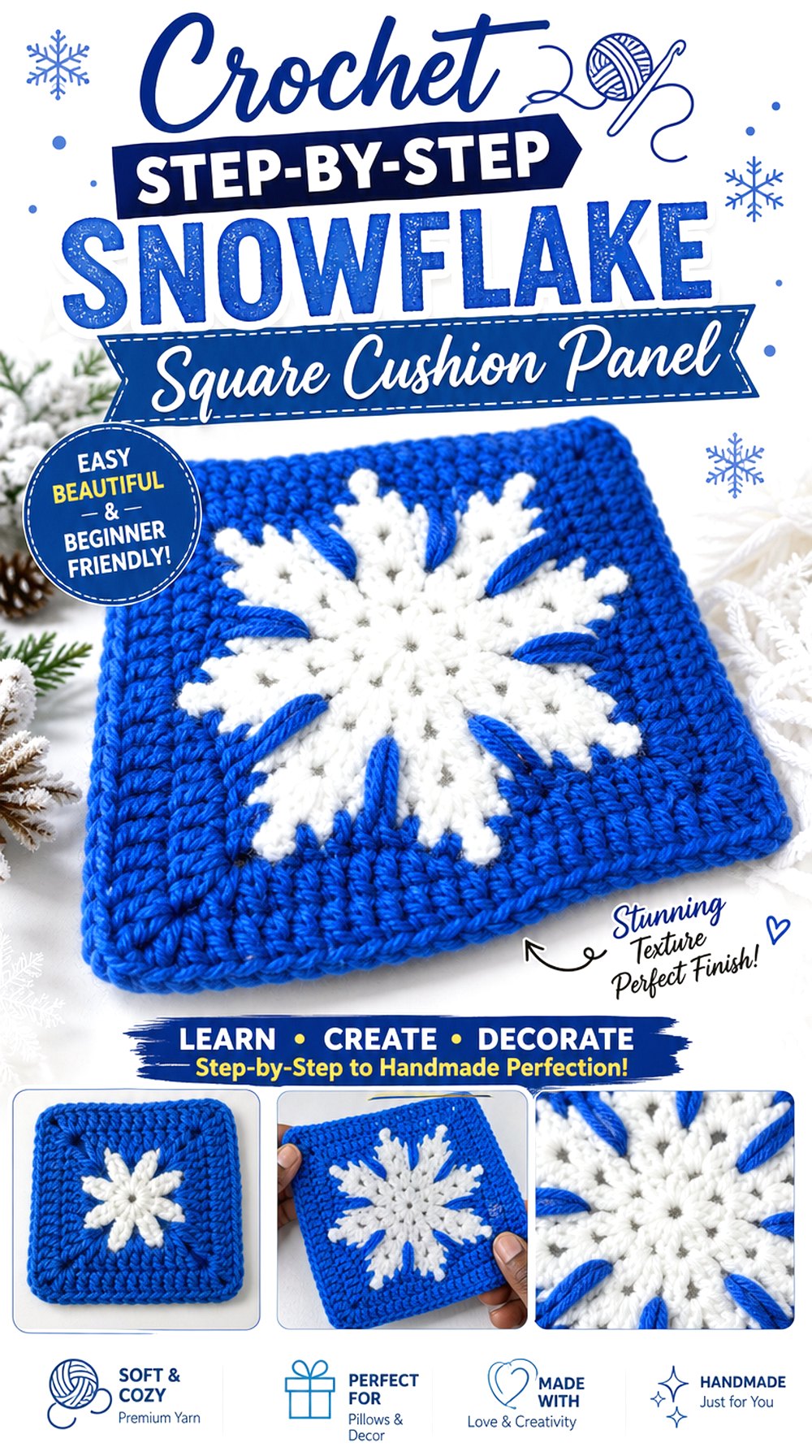 Crochet Step by Step Snowflake Square Cushion Panel