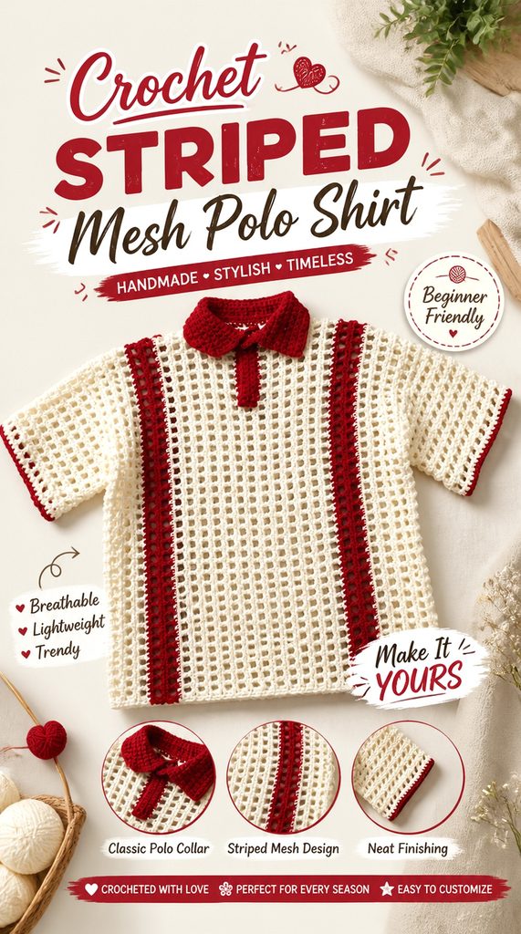 Crochet Striped Mesh Polo Shirt