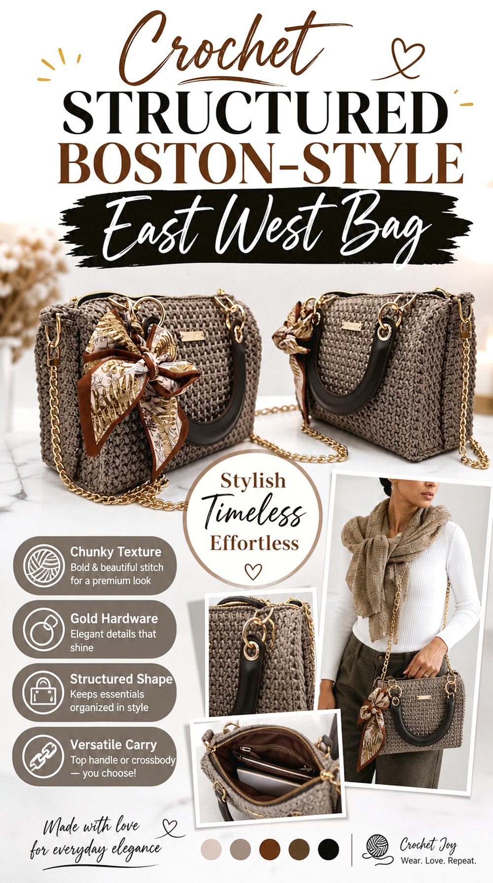 Crochet Structured Boston Style East West Bag