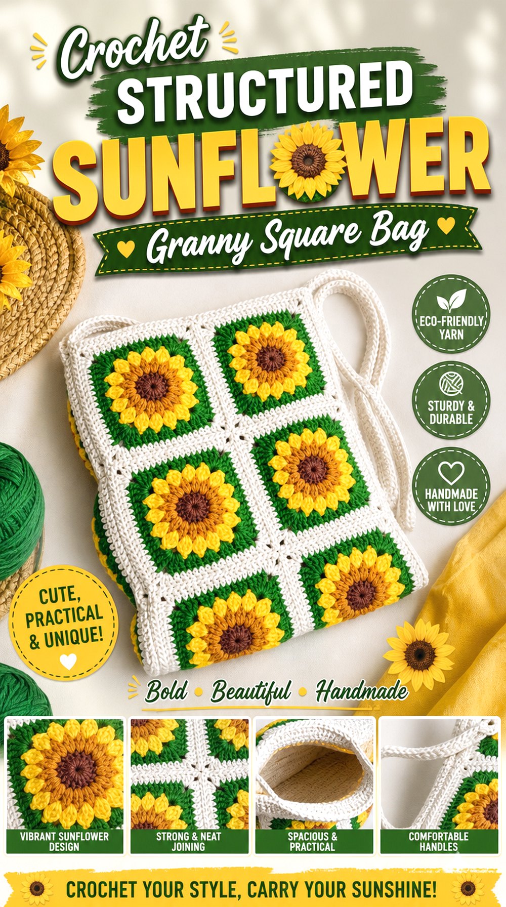 Crochet Structured Sunflower Granny Square Bag