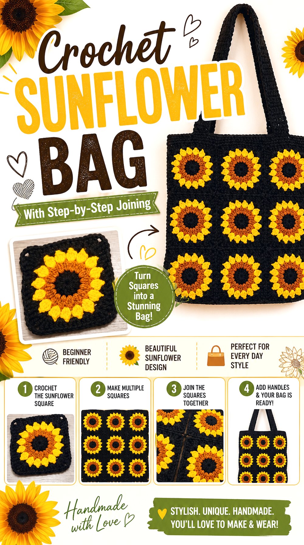 Crochet Sunflower Bag With Step by Step Joining