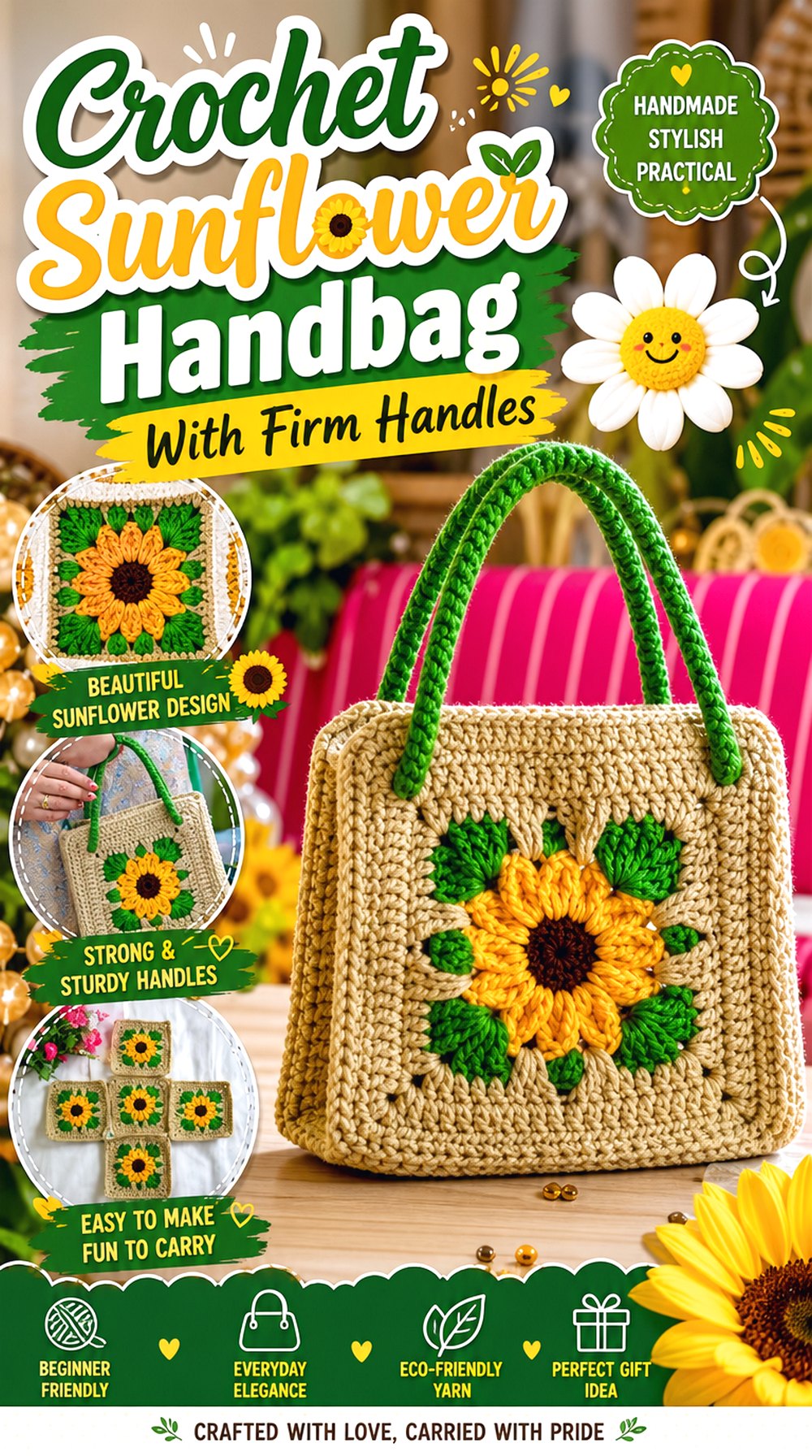 Crochet Sunflower Handbag With Firm Handles
