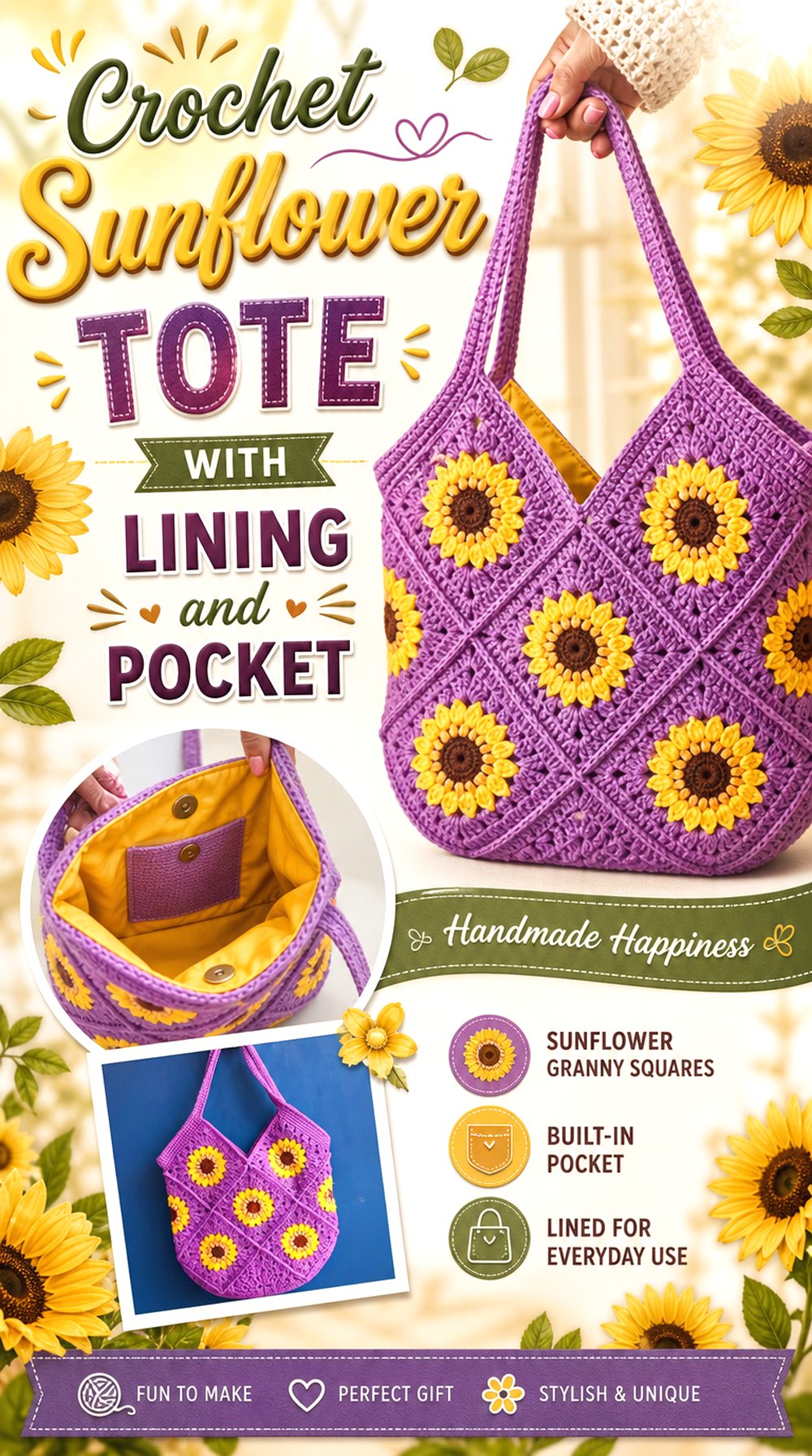 Crochet Sunflower Tote With Lining and Pocket