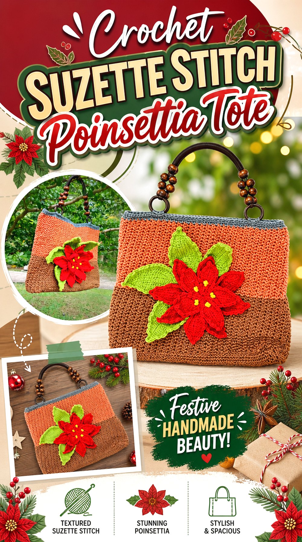 Crochet Suzette Stitch Poinsettia Tote