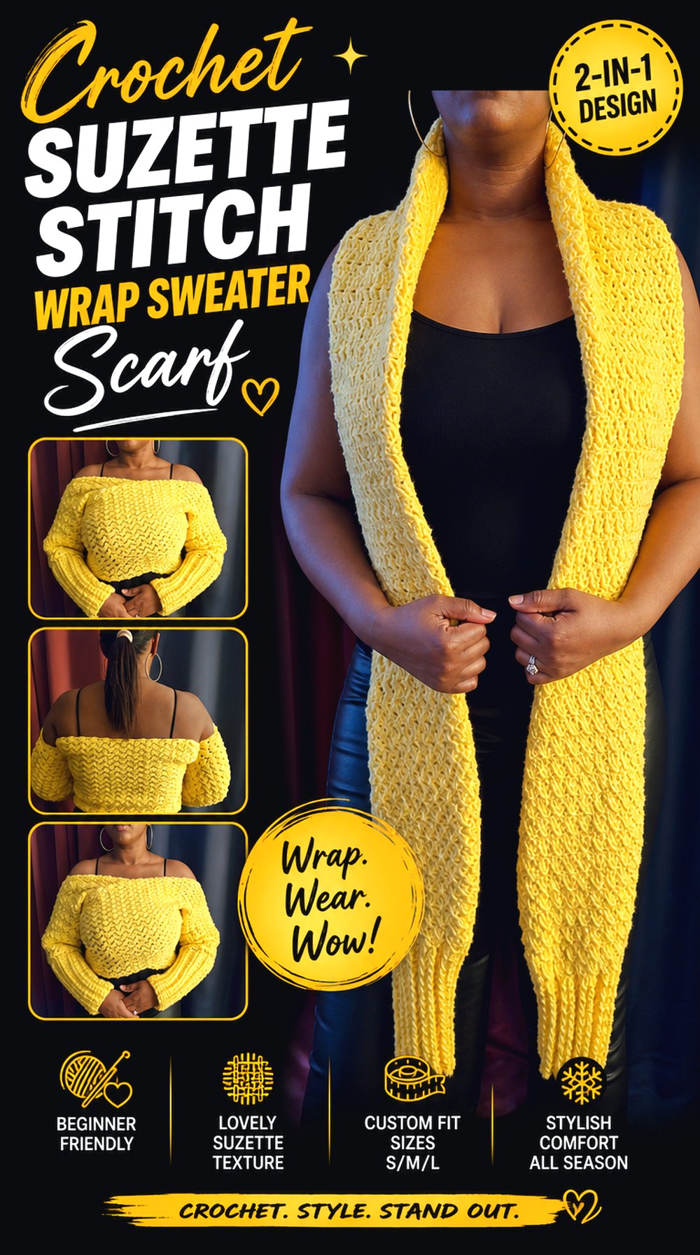 Crochet Suzette Stitch Wrap Sweater Scarf