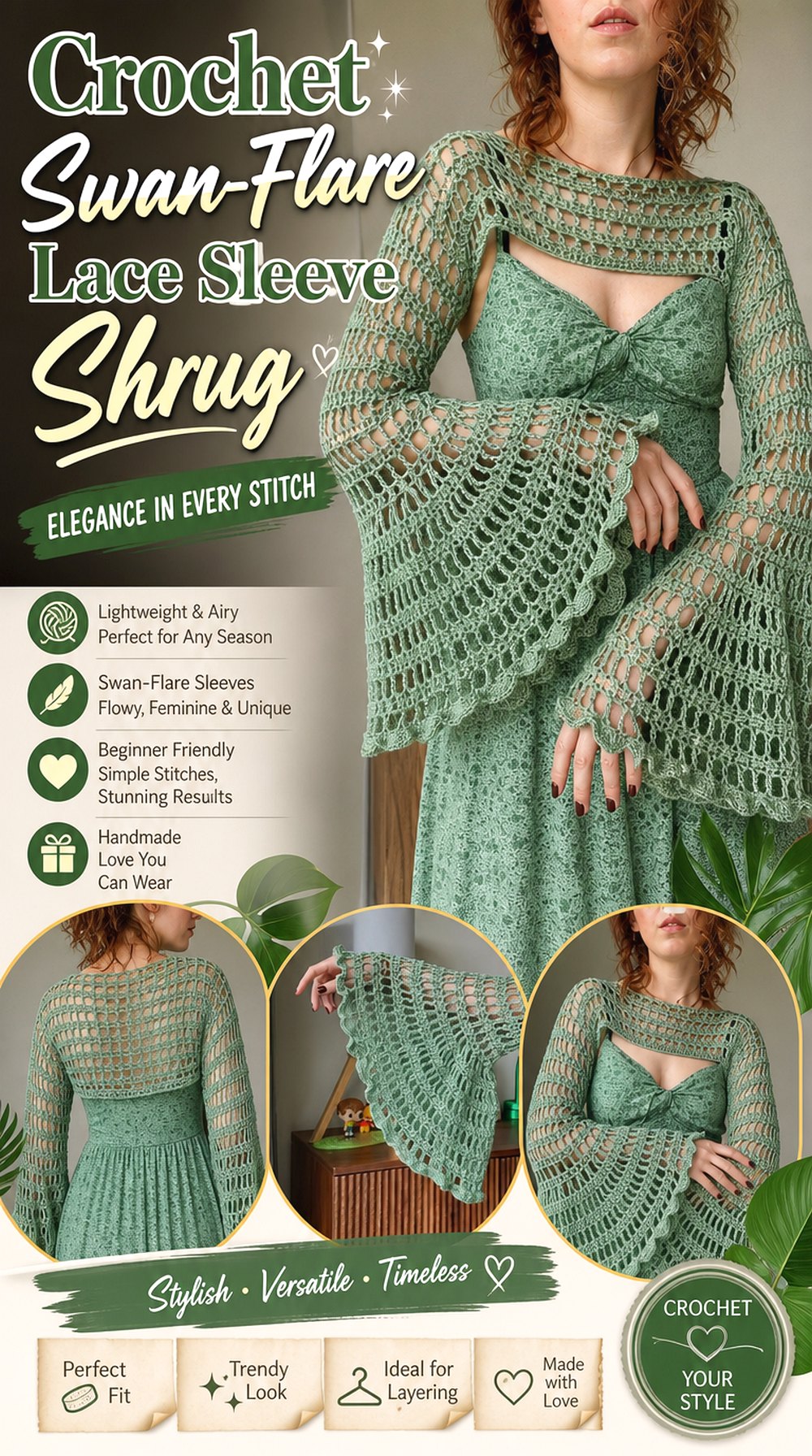 Crochet Swan Flare Lace Sleeve Shrug