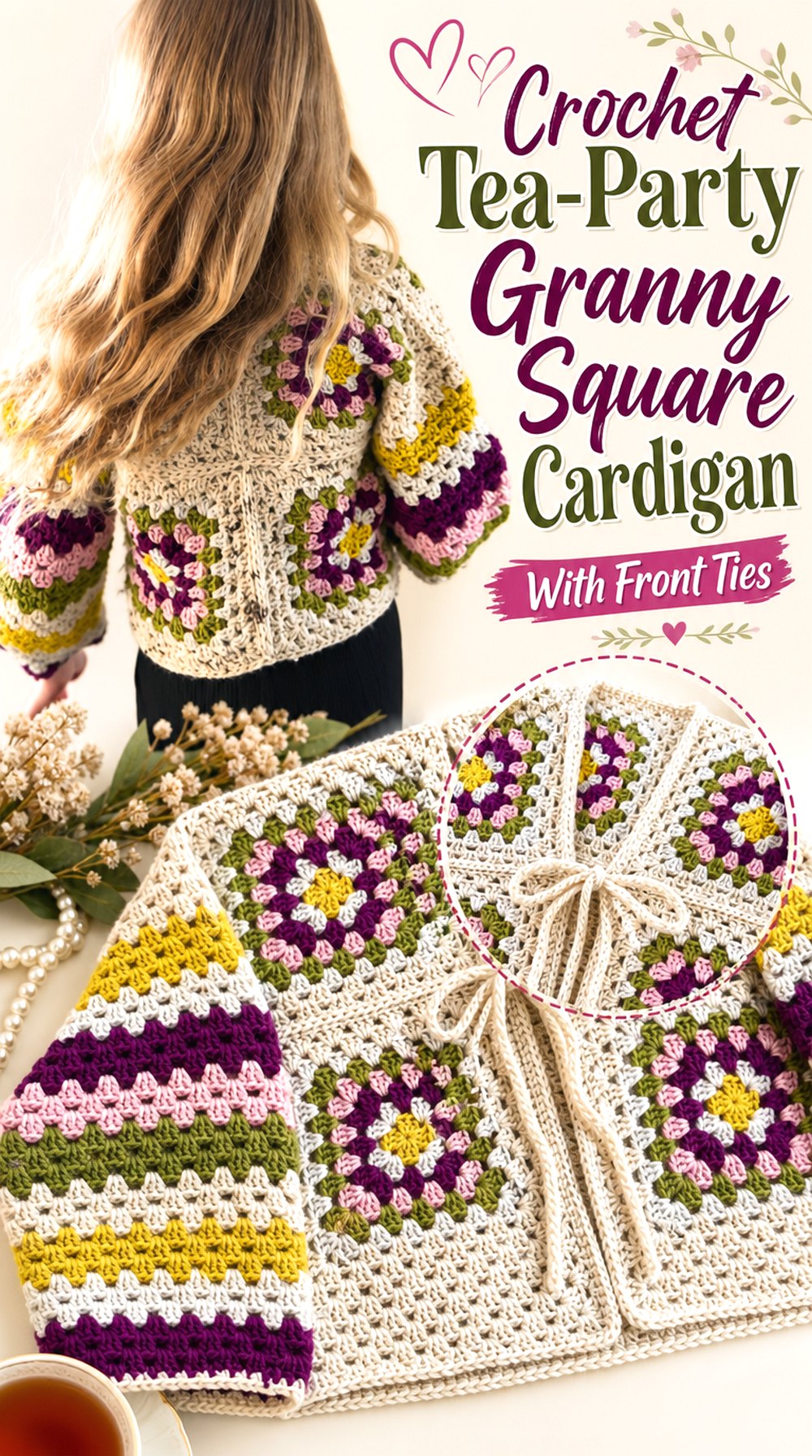 Crochet Tea Party Granny Square Cardigan With Front Ties