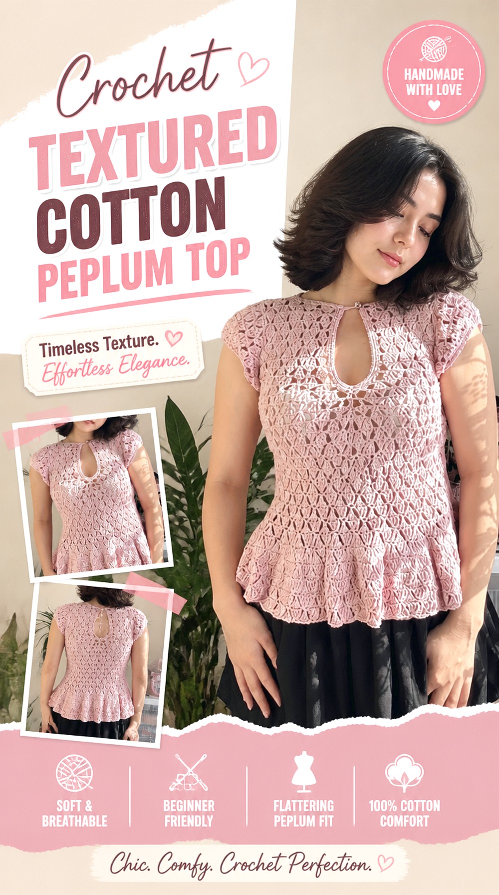 Crochet Textured Cotton Peplum Top