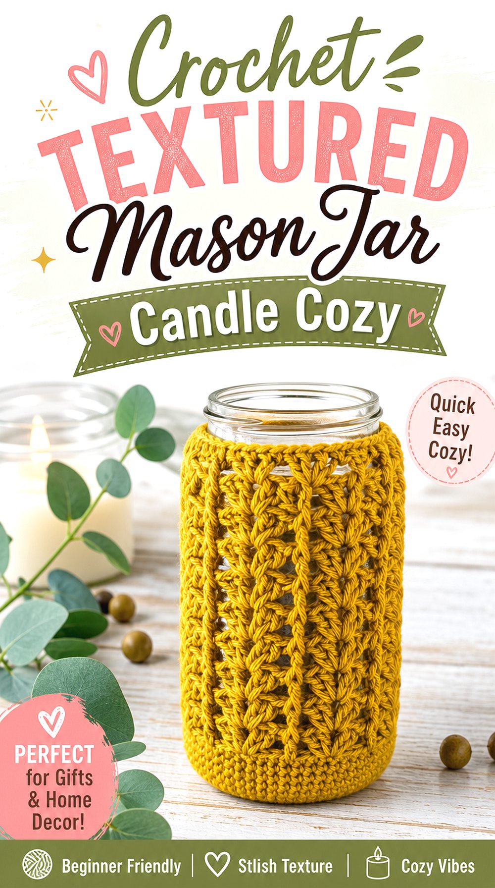 Crochet Textured Mason Jar Candle Cozy