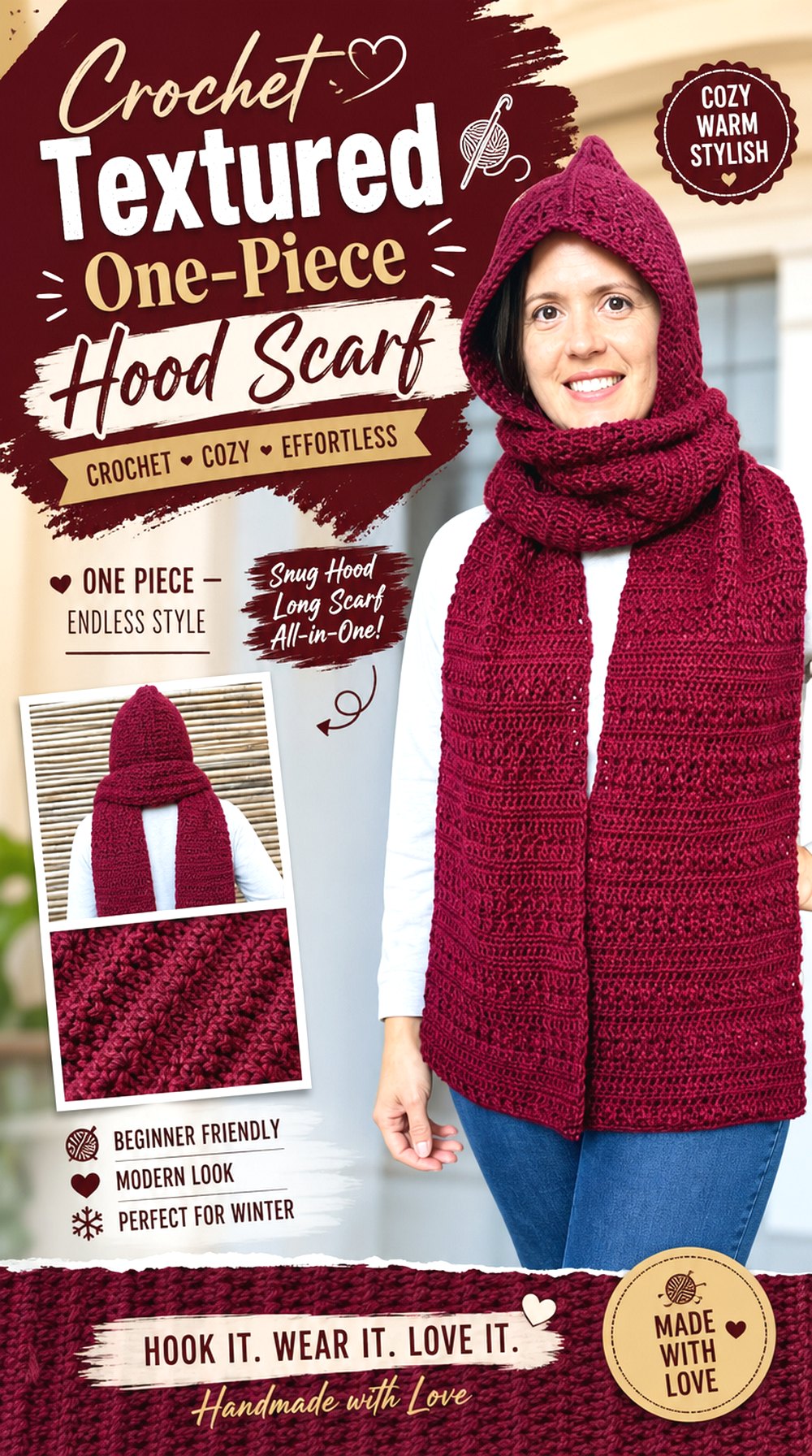 Crochet Textured One Piece Hood Scarf