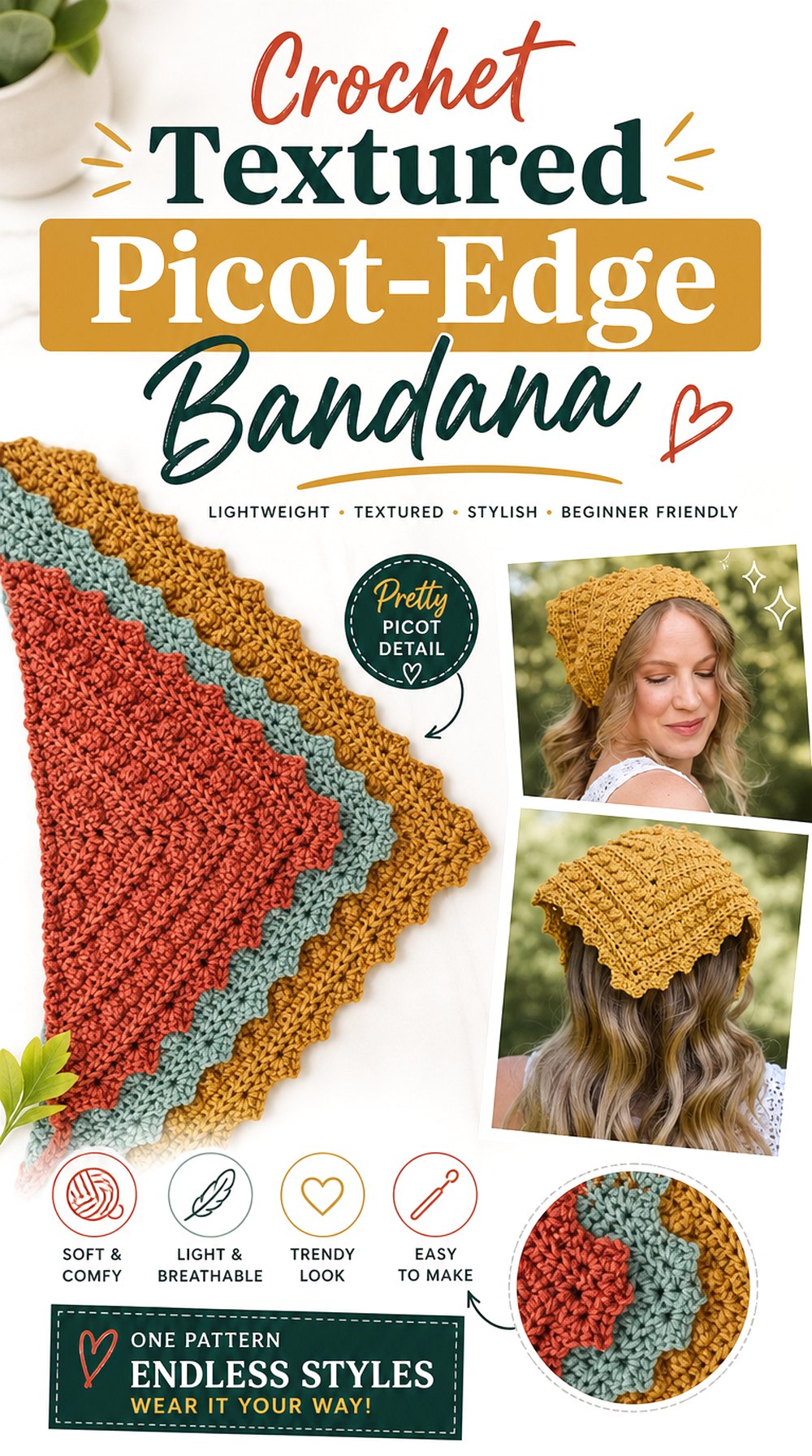 Crochet Textured Picot Edge Bandana