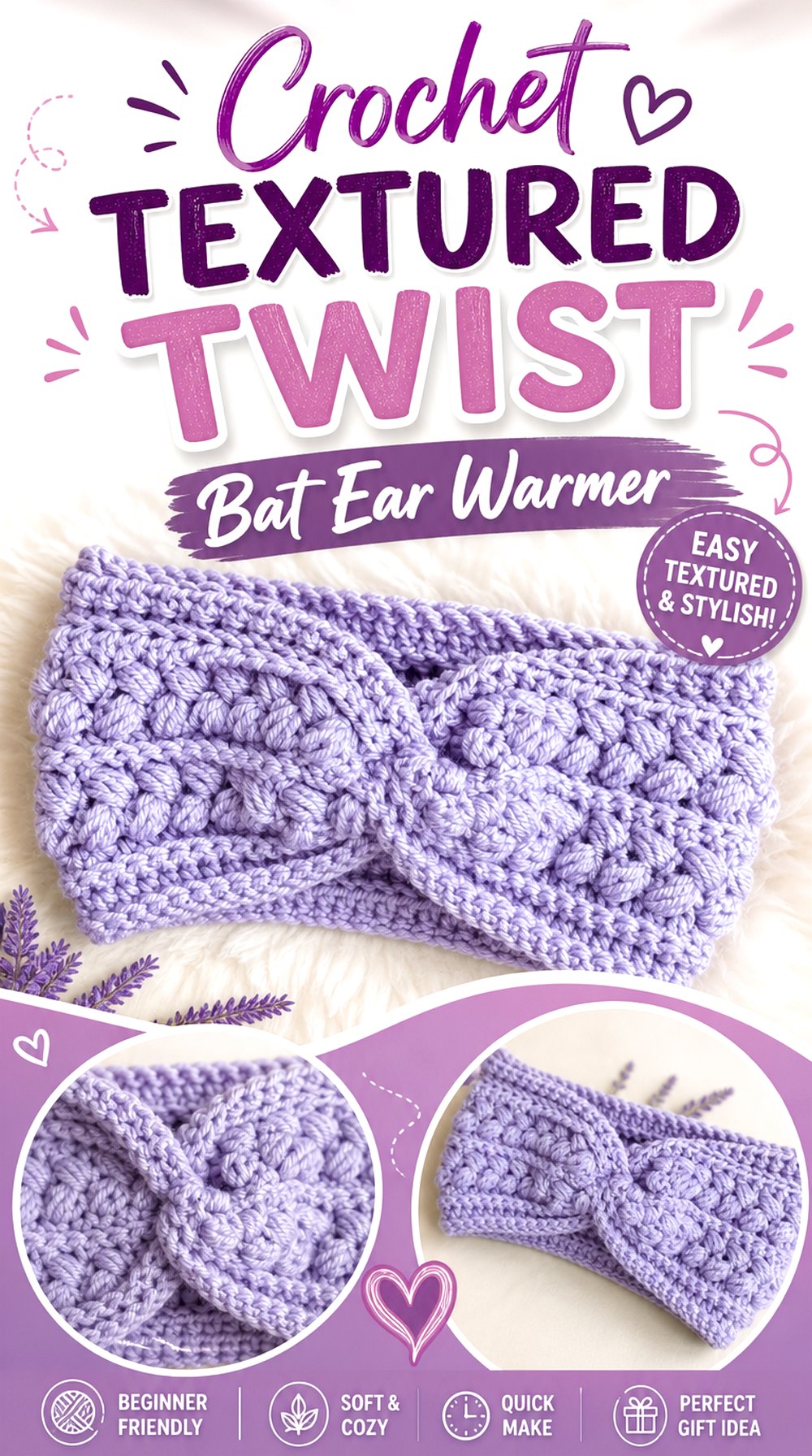Crochet Textured Twist Bat Ear Warmer