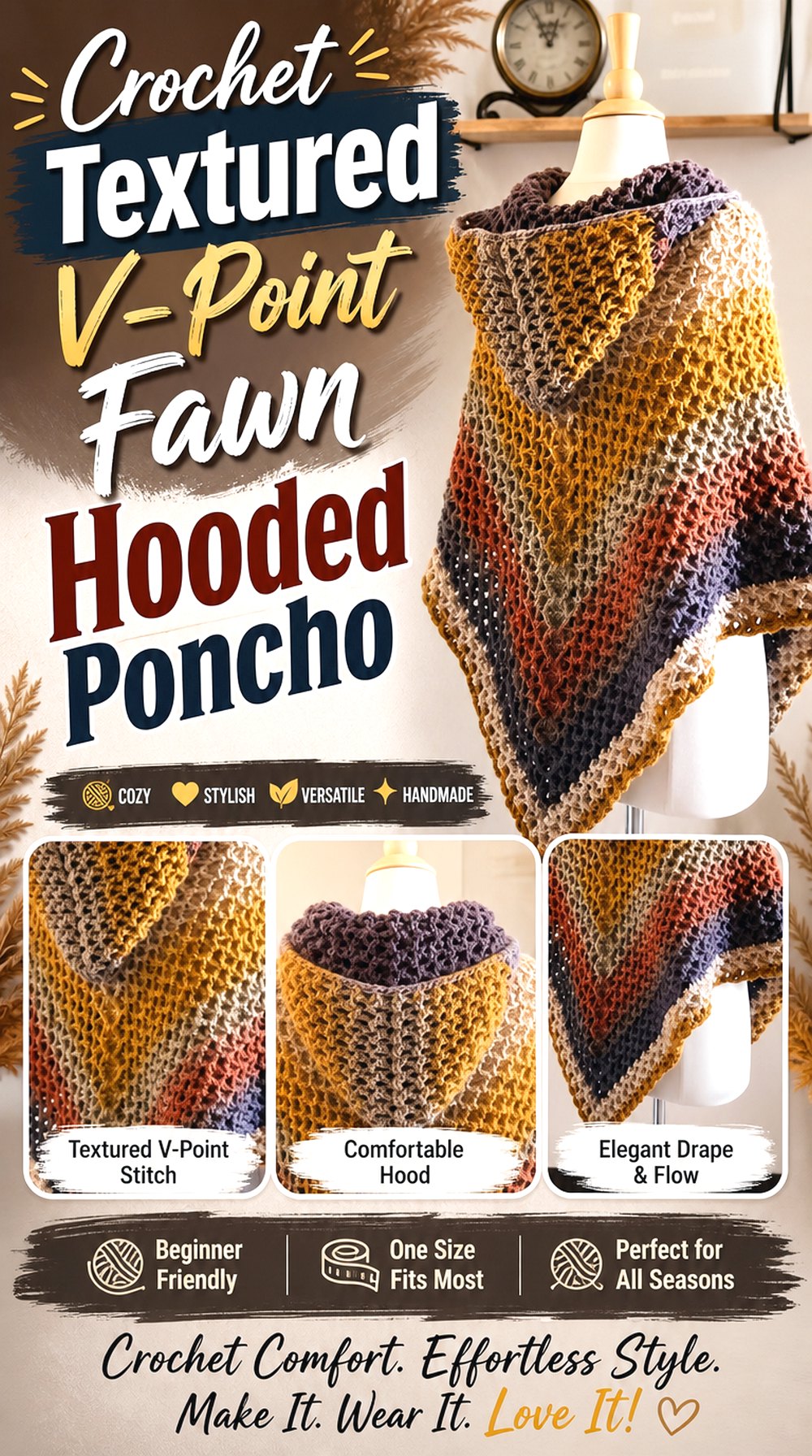 Crochet Textured V Point Fawn Hooded Poncho