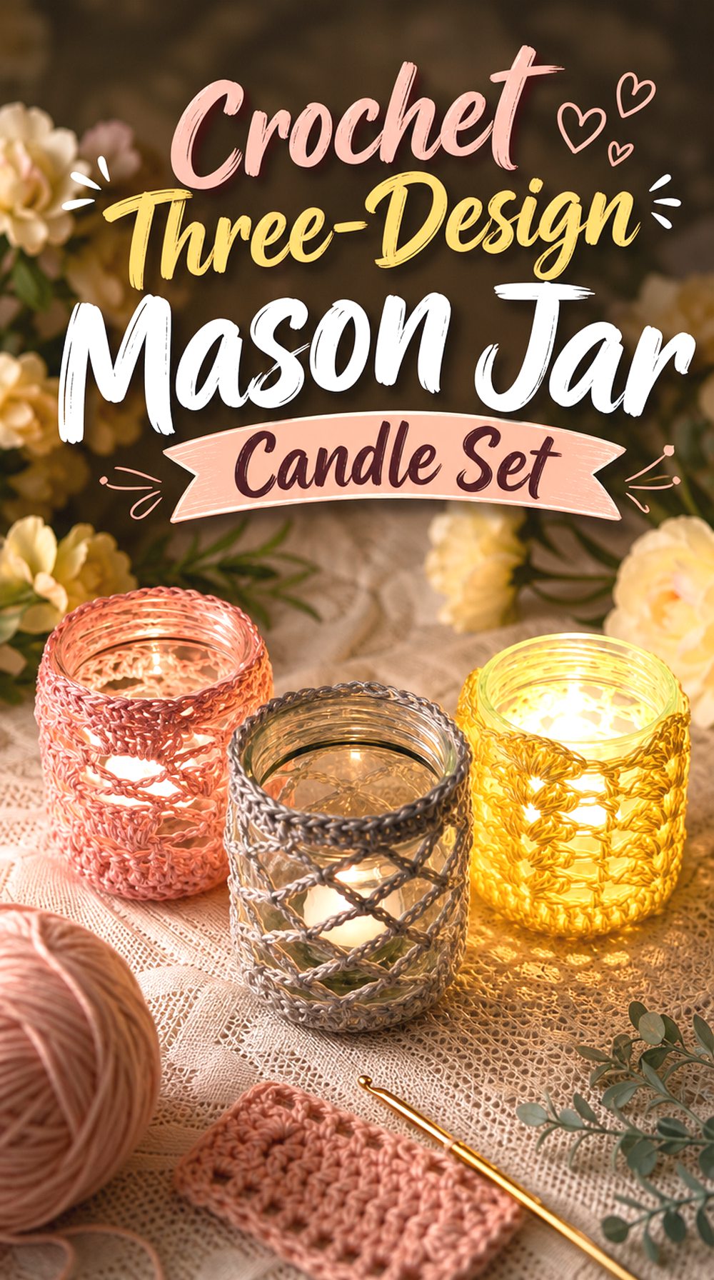Crochet Three Design Mason Jar Candle Set