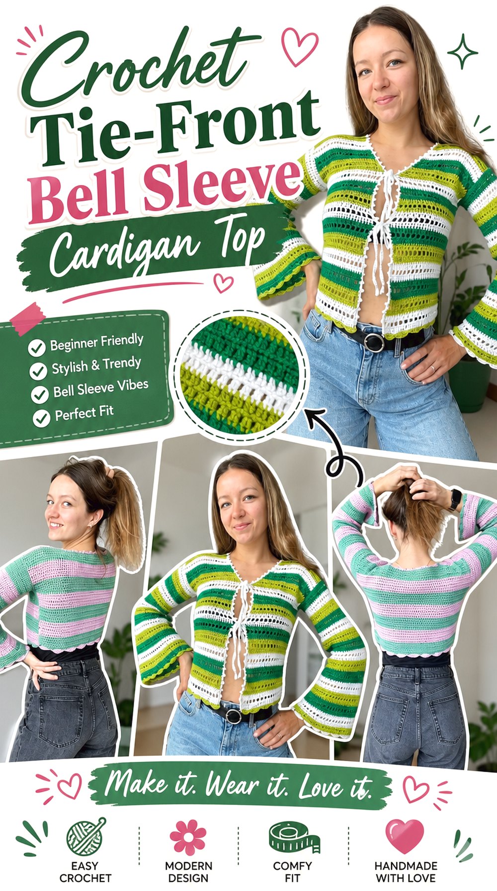 Crochet Tie Front Bell Sleeve Cardigan Top