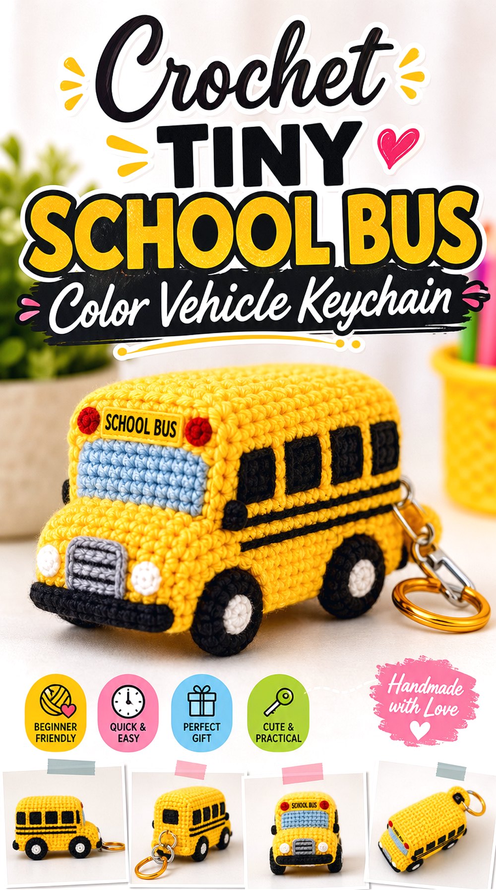 Crochet Tiny School Bus Color Vehicle Keychain