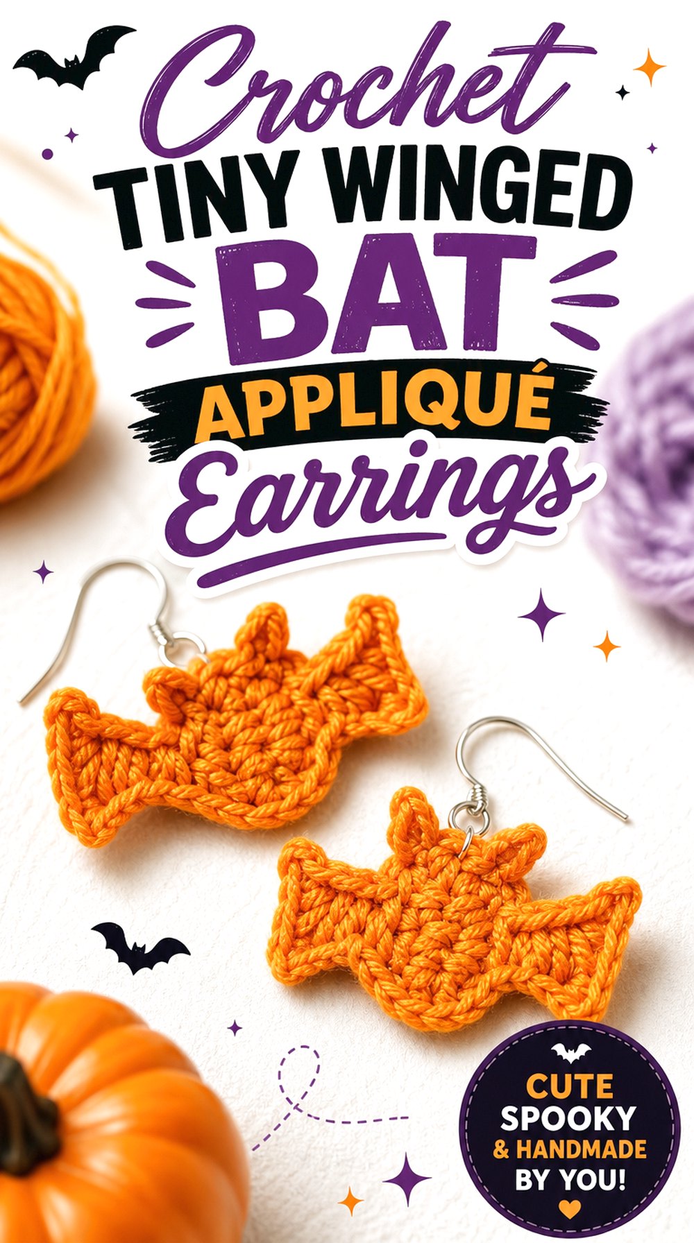 Crochet Tiny Winged Bat Appliqué Earrings