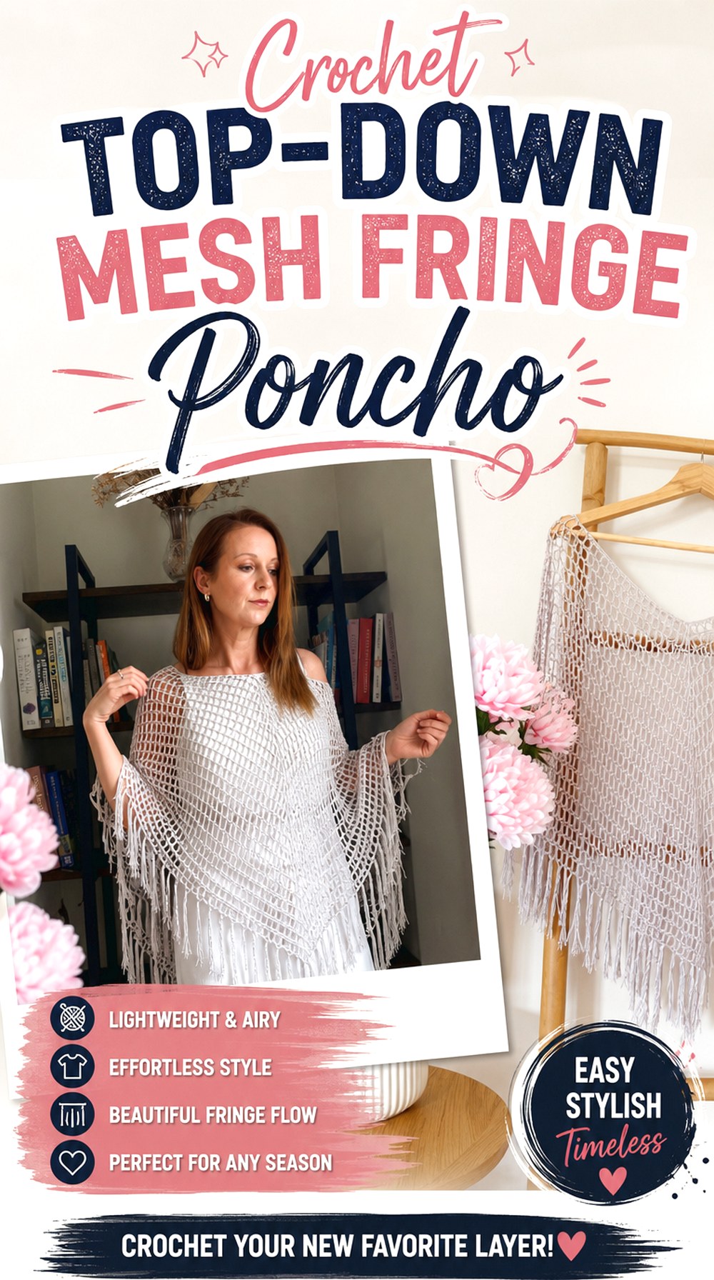 Crochet Top Down Mesh Fringe Poncho