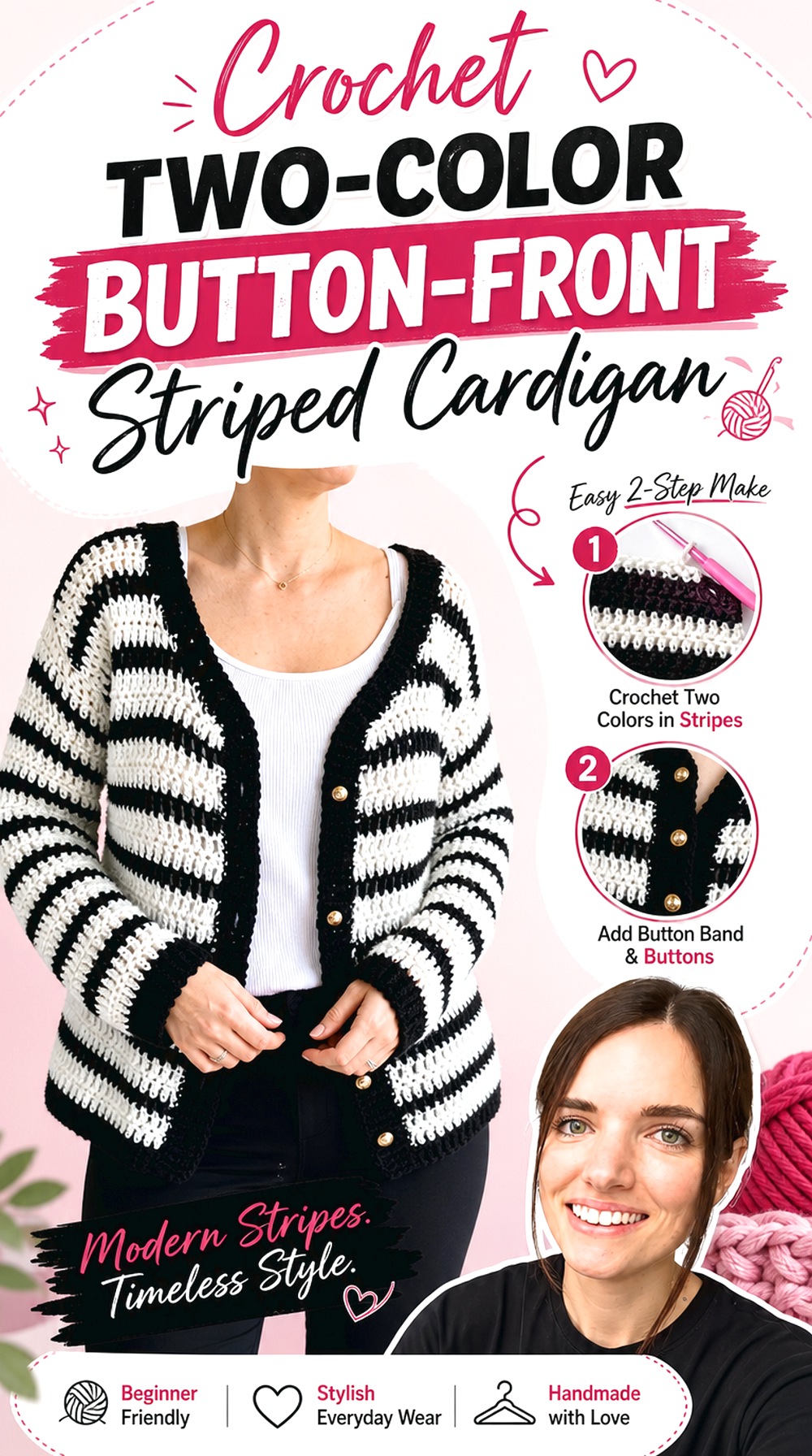 Crochet Two Color Button Front Striped Cardigan