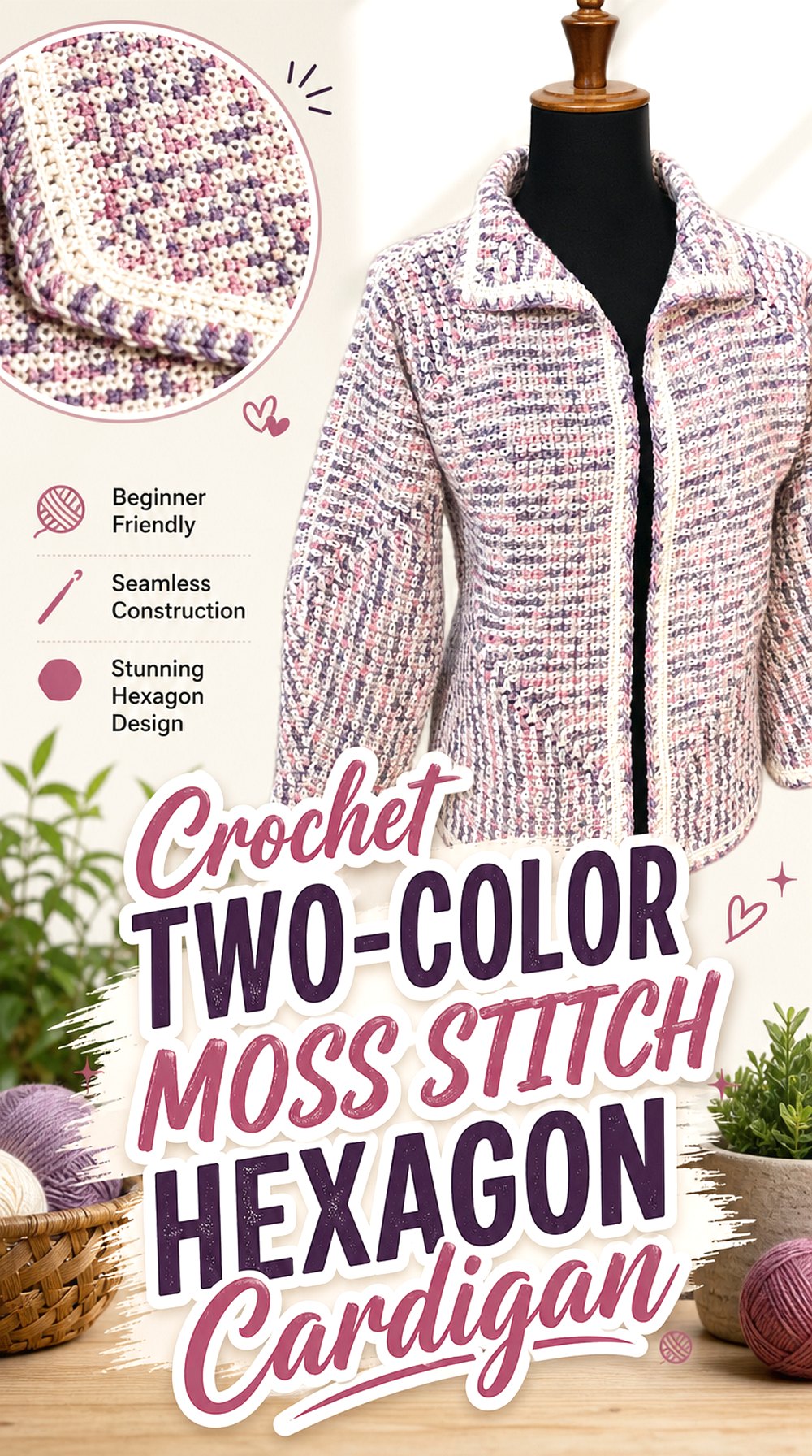 Crochet Two Color Moss Stitch Hexagon Cardigan