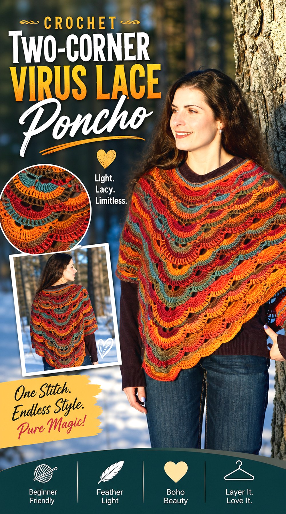 Crochet Two Corner Virus Lace Poncho