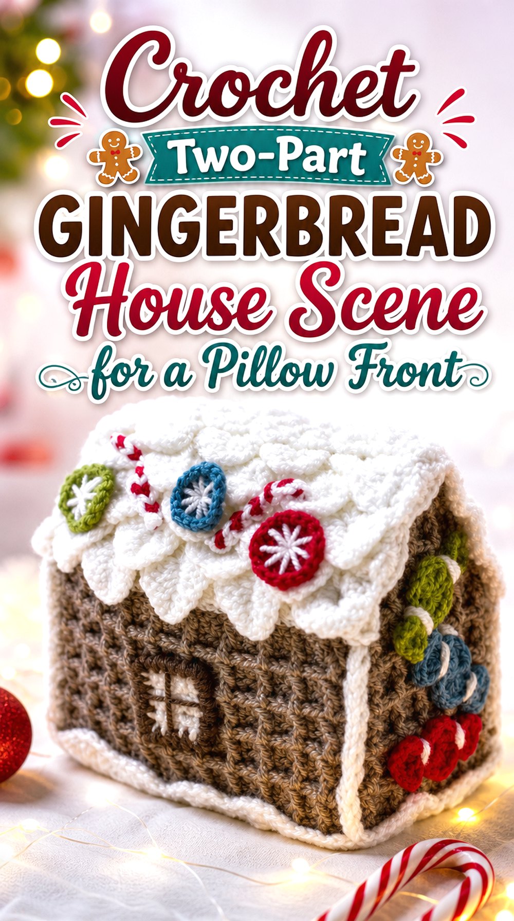 Crochet Two Part Gingerbread House Scene for a Pillow Front