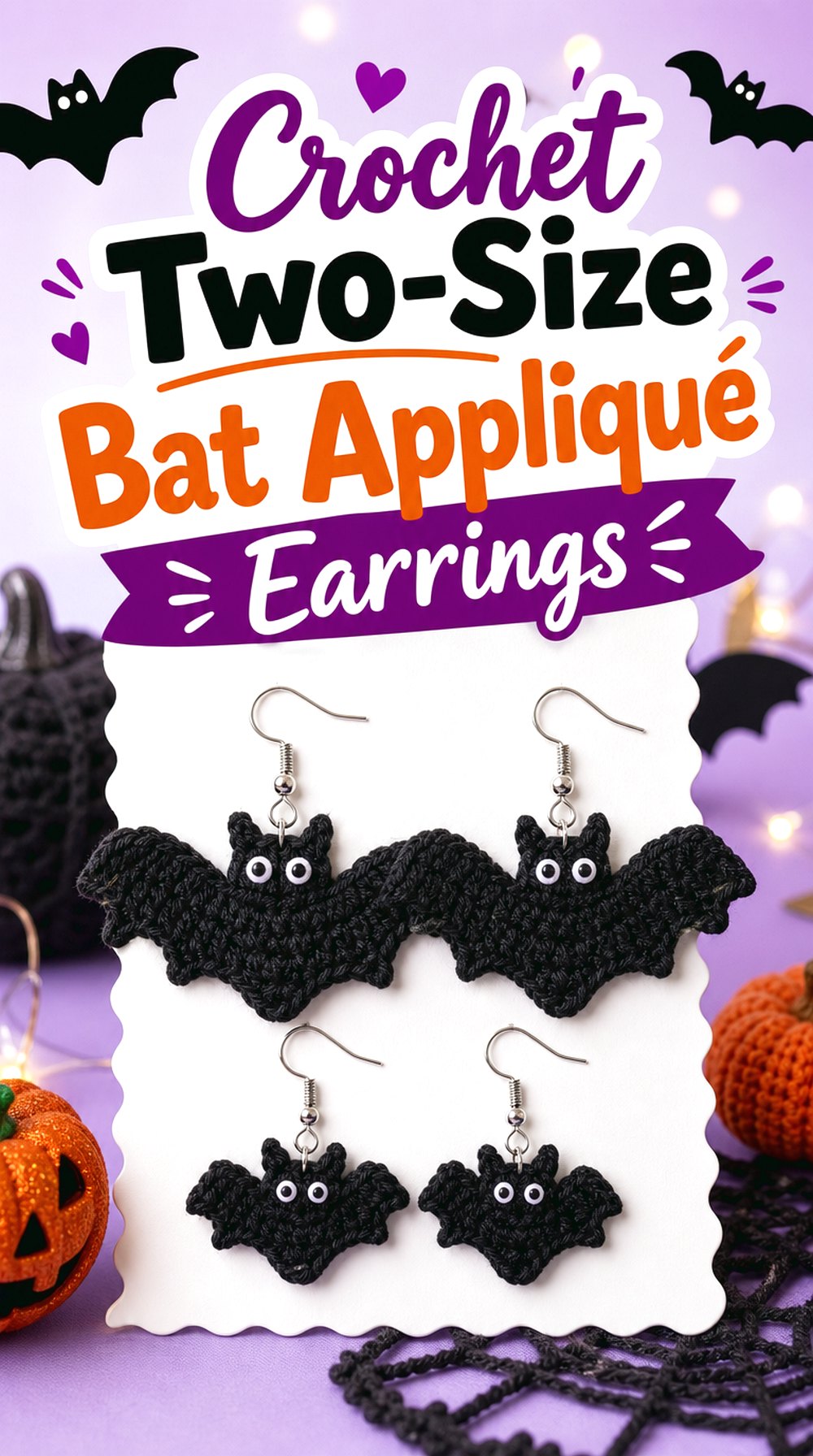 Crochet Two Size Bat Appliqué Earrings