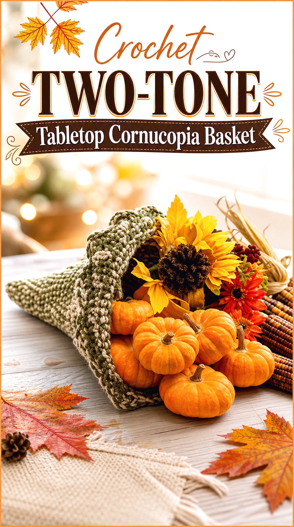 Crochet Two Tone Tabletop Cornucopia Basket