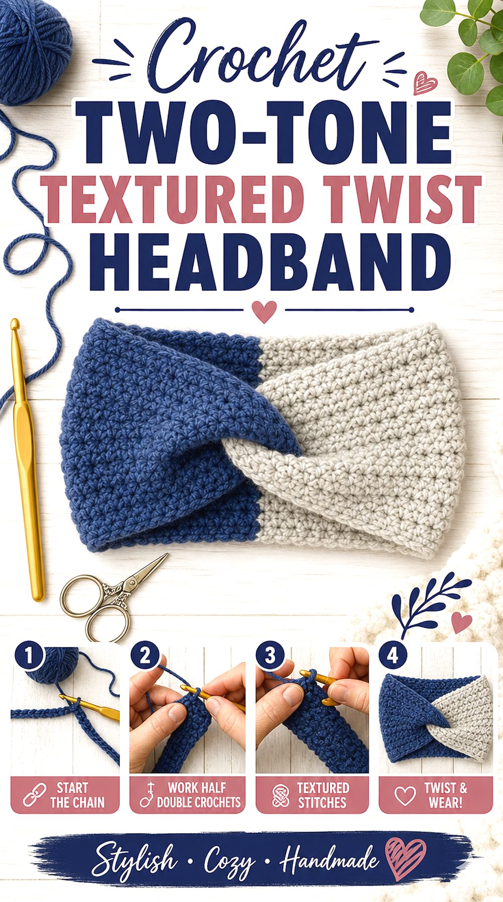 Crochet Two Tone Textured Twist Headband